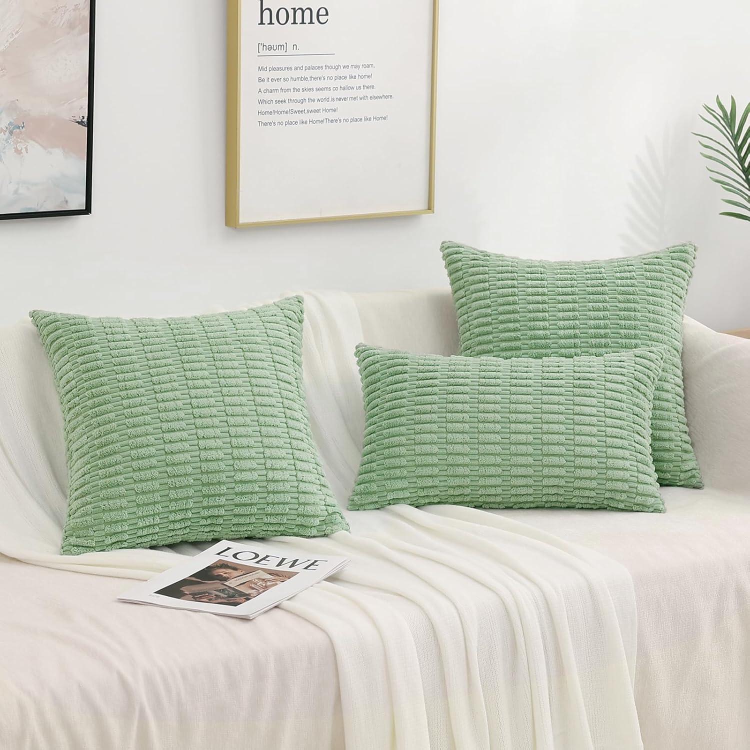 Boho Sage Green Striped Corduroy Pillow Covers - Set of 2 | Farmhouse Rectangle Cushion Cases for Sofa Couch Bed | Soft Decorative Throw Pillowcases - 12x20 Inch Home Decor