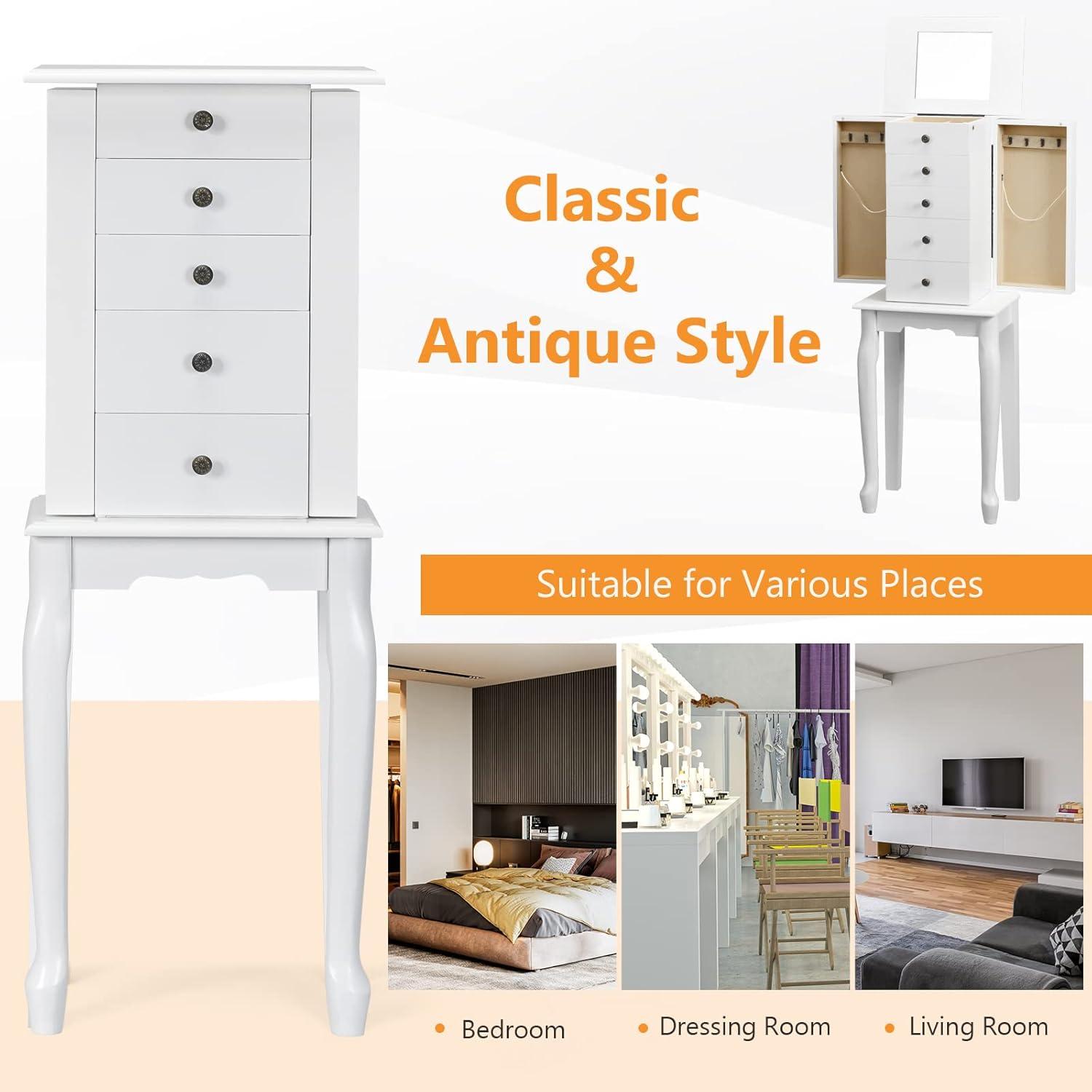 Standing Jewelry Cabinet Armoire with Top Flip Mirror, Jewelry Box Chest with 4 Drawers, Top Compartments, 8 Necklace Hooks and 2 Side Doors, White