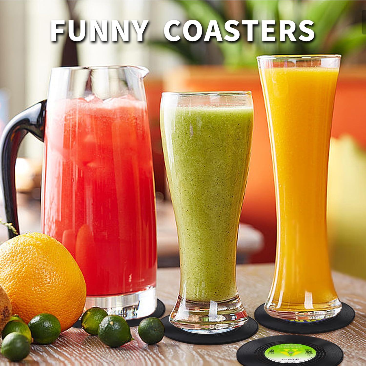 Funny Retro Record Coasters for Drinks with Vinyl Player Holder for Music Lovers,Set of 6 Conversation Piece Sayings Drink Coaster,Housewarming Hostess Wedding Registry Gift Ideas