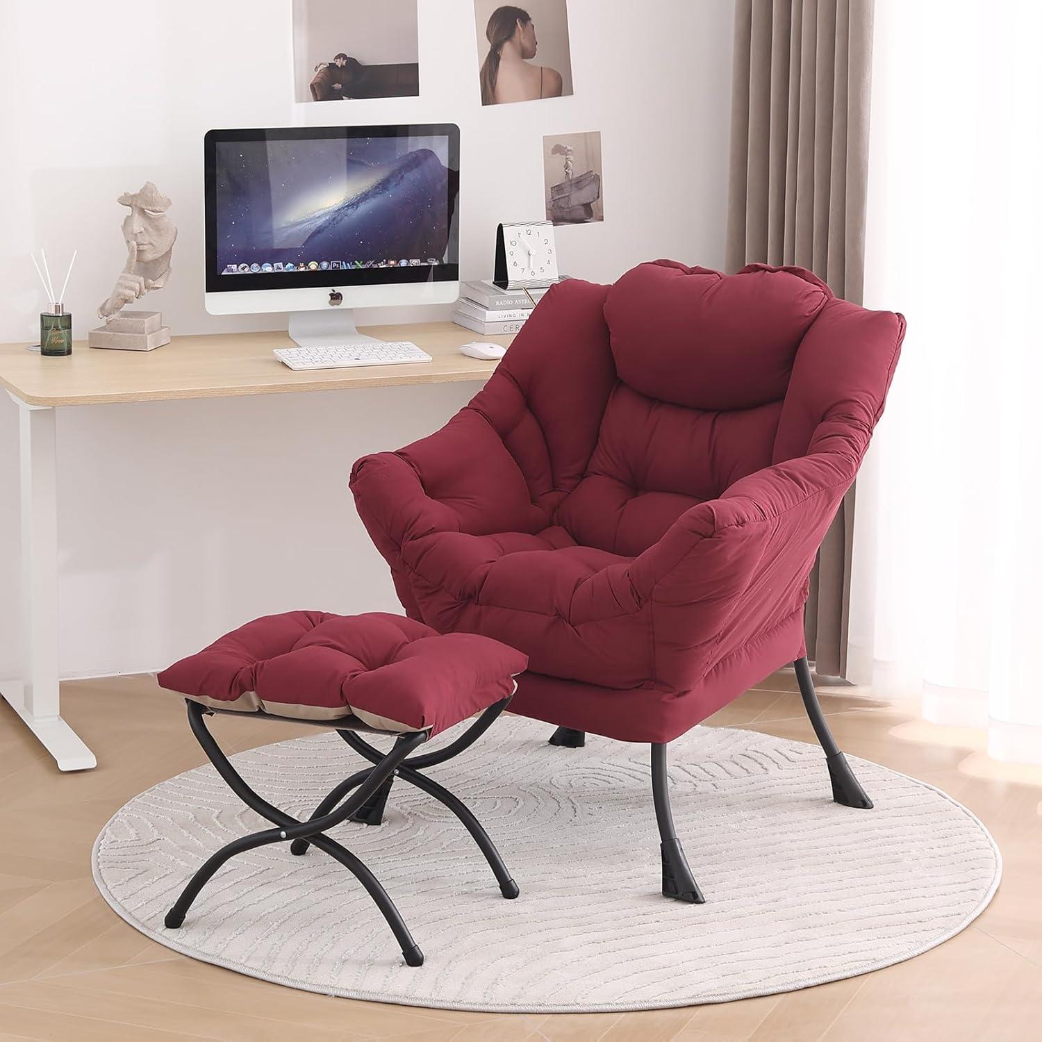 Burgundy Velvet Accent Chair with Ottoman and Metal Frame