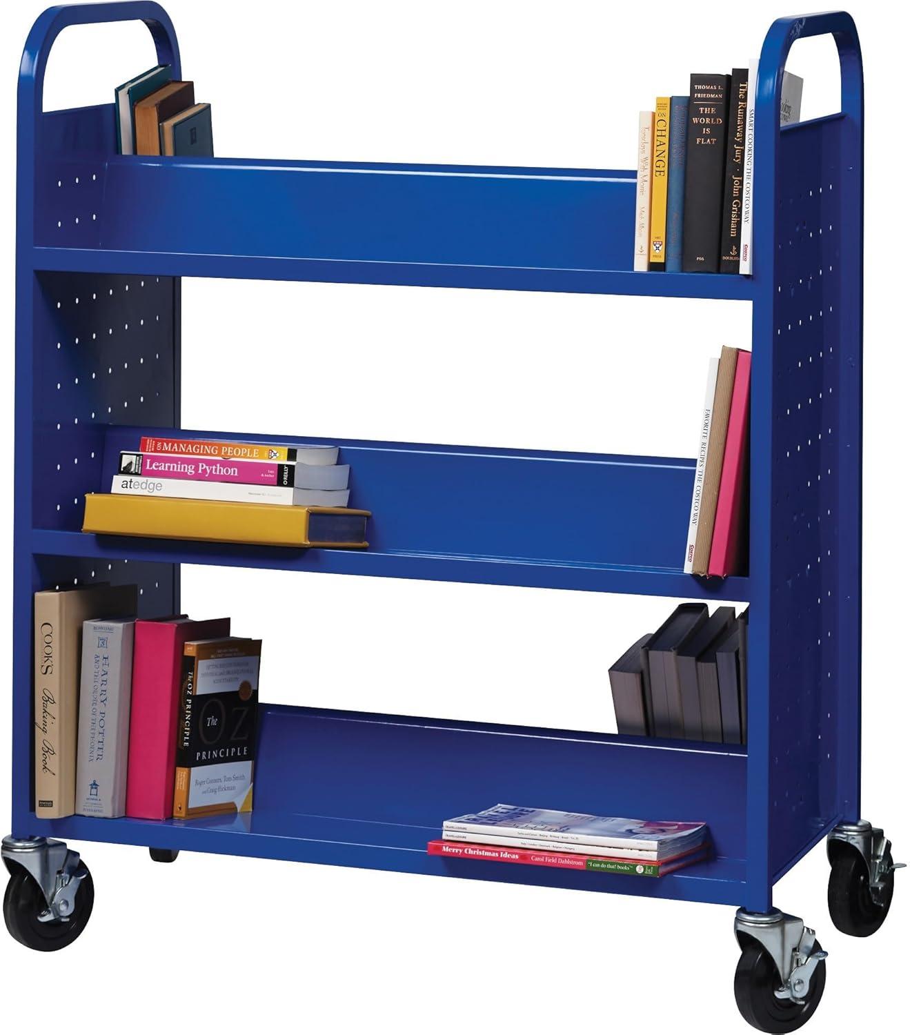 Lorell Double-sided Book Cart 6 Shelf - Round Handle - 5" Caster Size - Steel - x 38" Width x 18" Depth x 46.3" Height - Blue - 1 Each