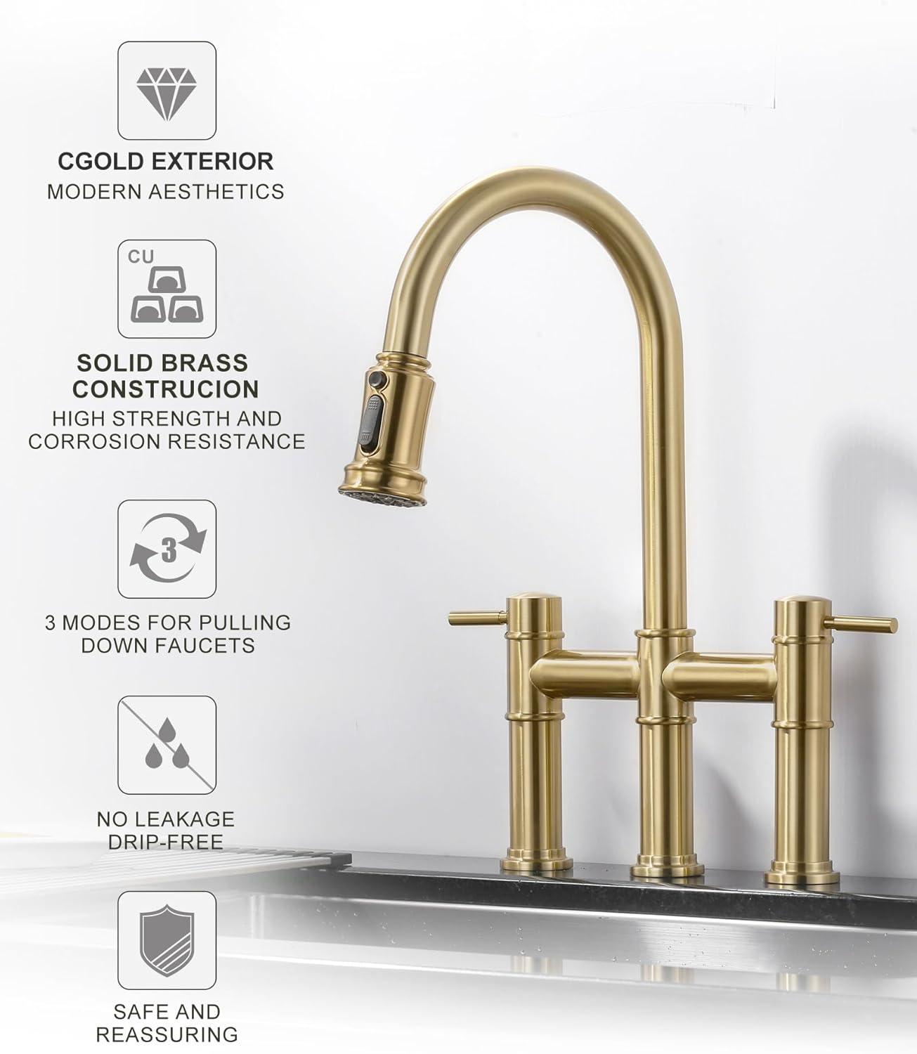 Gold Double Handle Bridge Kitchen Faucet with Pull Down Sprayer