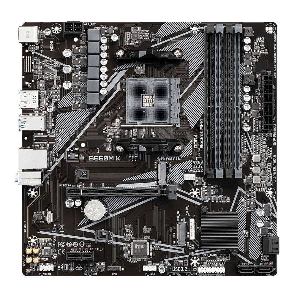 GIGABYTE B550M K AM4 AMD B550 Micro-ATX Motherboard with Dual M.2, SATA 6Gb/s, USB 3.2 Gen 1, Realtek GbE LAN, PCIe 4.0