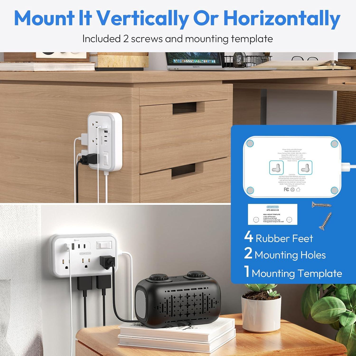 White 10 ft Power Strip with 6 Outlets and 4 USB Ports