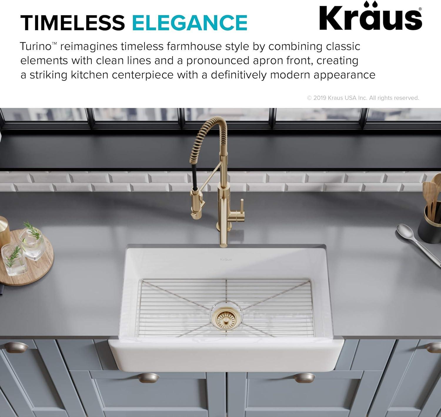 KRAUS Turino™ Reversible 33-inch L Fireclay Farmhouse Flat Apron Front Single Bowl Kitchen Sink with Bottom Grid