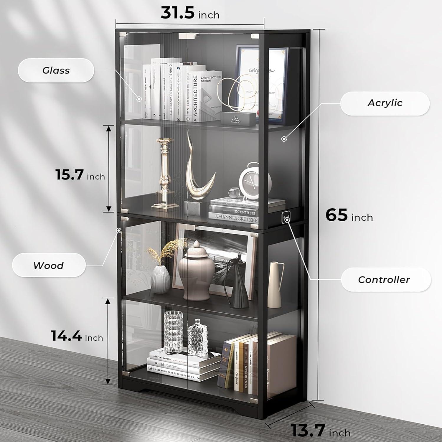 Display Cabinet with Glass Doors, 4-Tier Curio Cabinet&Bookcase with 3 Color Light for Collectibles