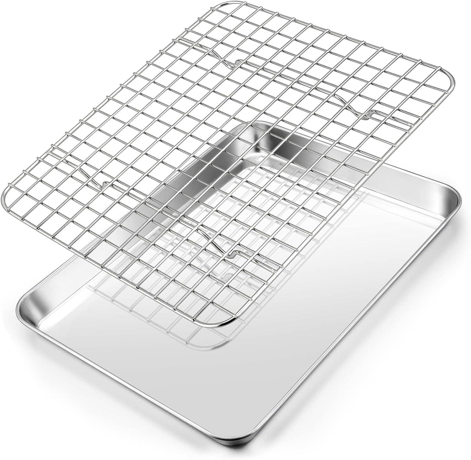 9.1 inch Baking Sheet and Rack Set Stainless Steel Baking Cookie Sheet Pan with Grid Rack for Cooking / Roasting / Cooling, Oven & Dishwasher Safe, Healthy & Durable