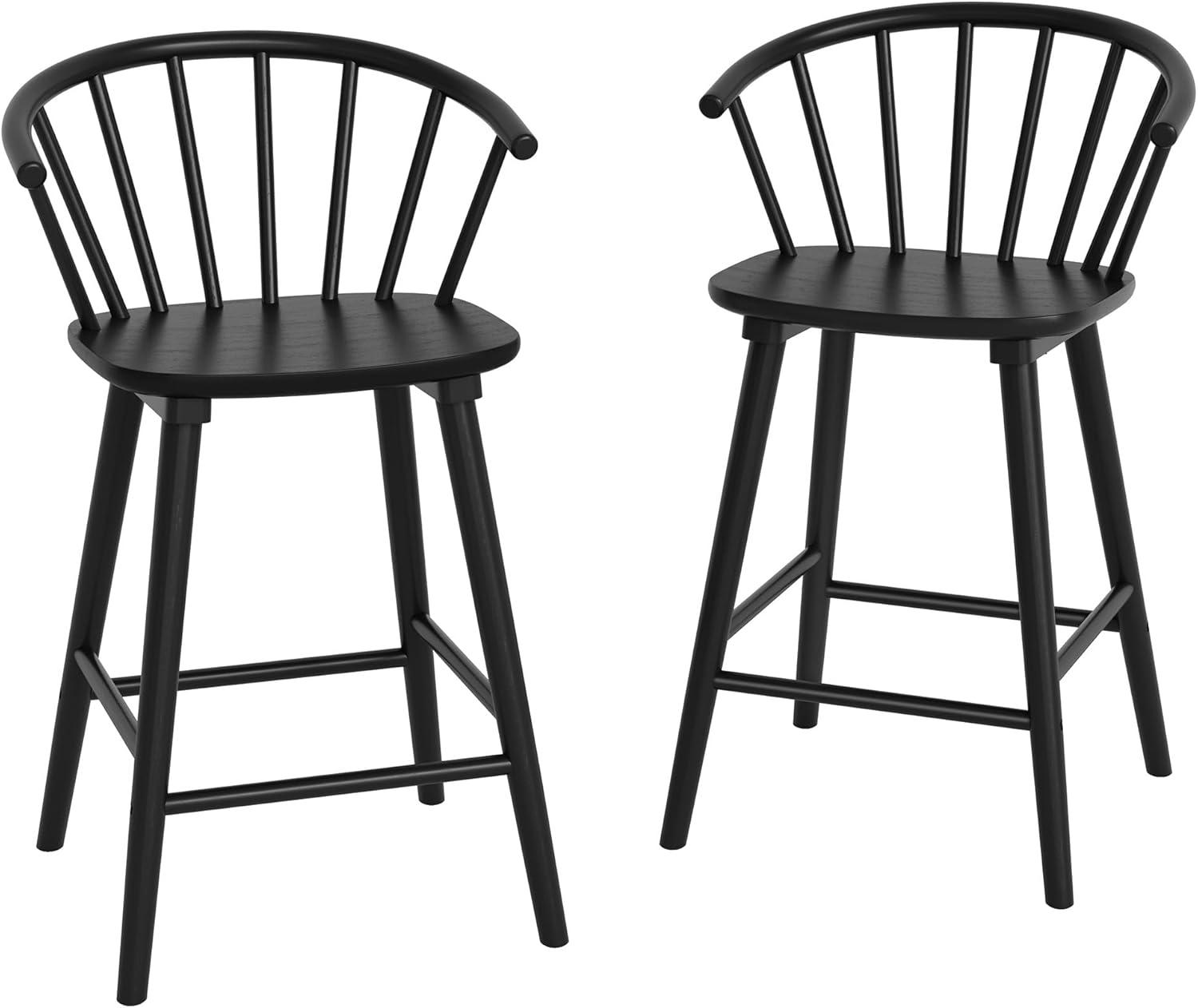 Winson Windsor 24 in. Black Solid Wood Bar Stool for Kitchen Island Counter Stool with Spindle Back Set of 6