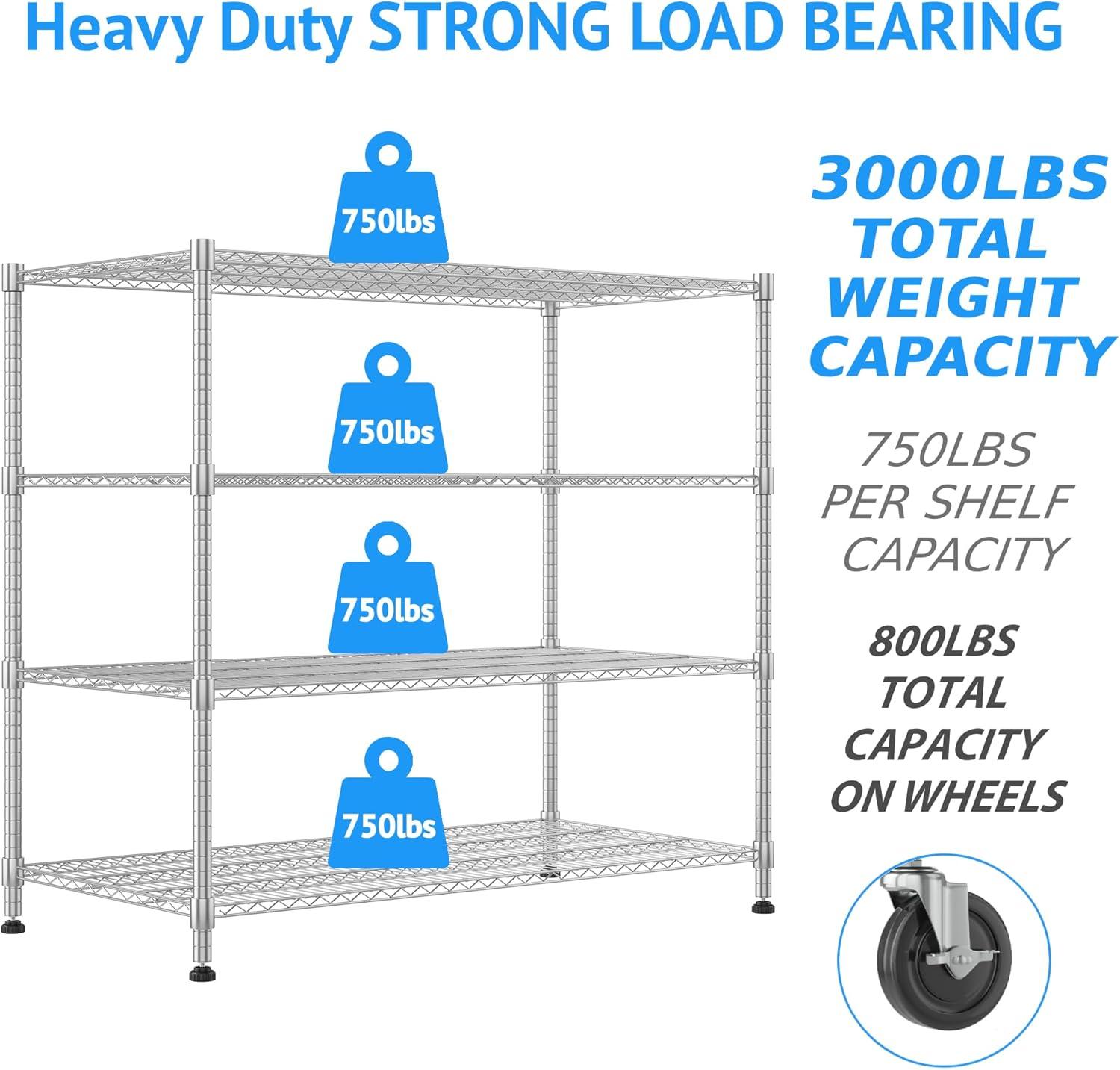 Homdox Heavy Duty Metal Shelves for Storage, 4 Tier Storage Racks and Shelving, Commercial Adjustable Wire Shelving Unit on Wheels, Garage Rack Pantry Shelves Kitchen Shelving, 24"x48"x72", Chrome