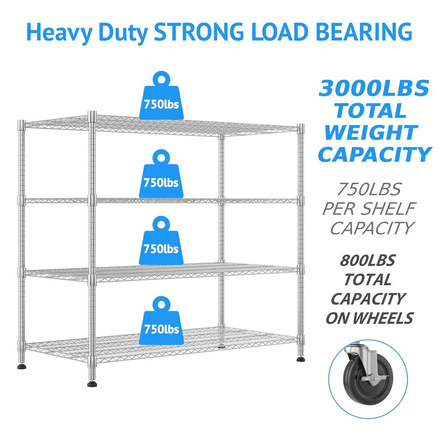 Homdox Heavy Duty Metal Shelves for Storage, 4 Tier Storage Racks and Shelving, Commercial Adjustable Wire Shelving Unit on Wheels, Garage Rack Pantry Shelves Kitchen Shelving, 24"x48"x72", Chrome