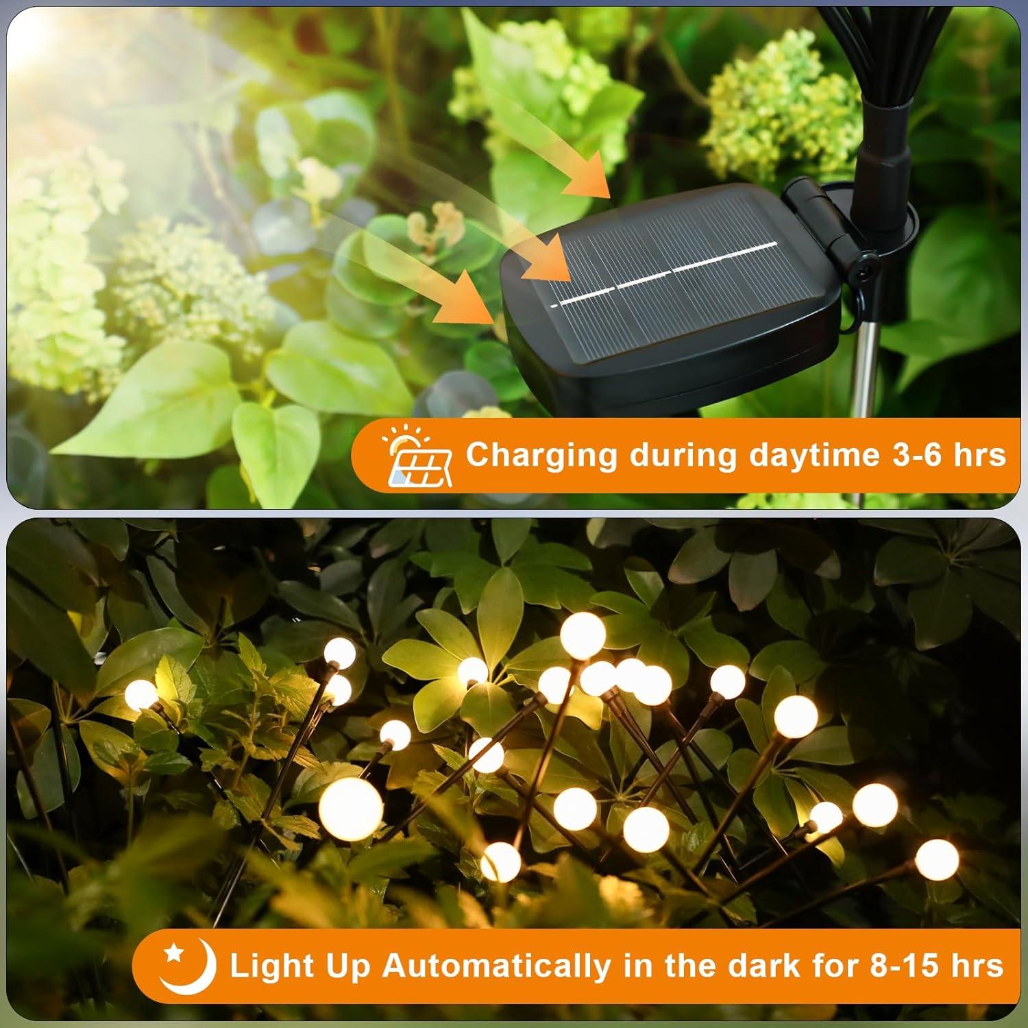 4 Pack Firefly Garden Lights Solar Outdoor: Solar Firefly Lights Outdoor Waterproof, 32 LED Solar Powered Firefly Lights, Swaying by Wind, Solar Lights for Outside Garden Decoration (Warm White)