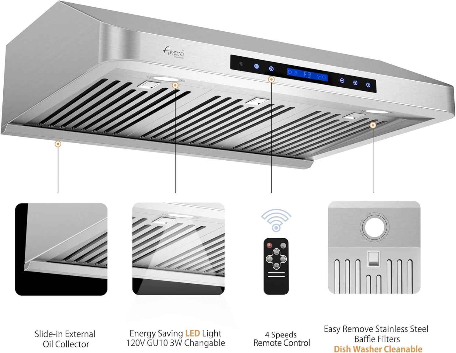 Awoco 30" Stainless Steel 1000 CFM Ducted (Vented) Under Cabinet Range Hood with Baffle Filter