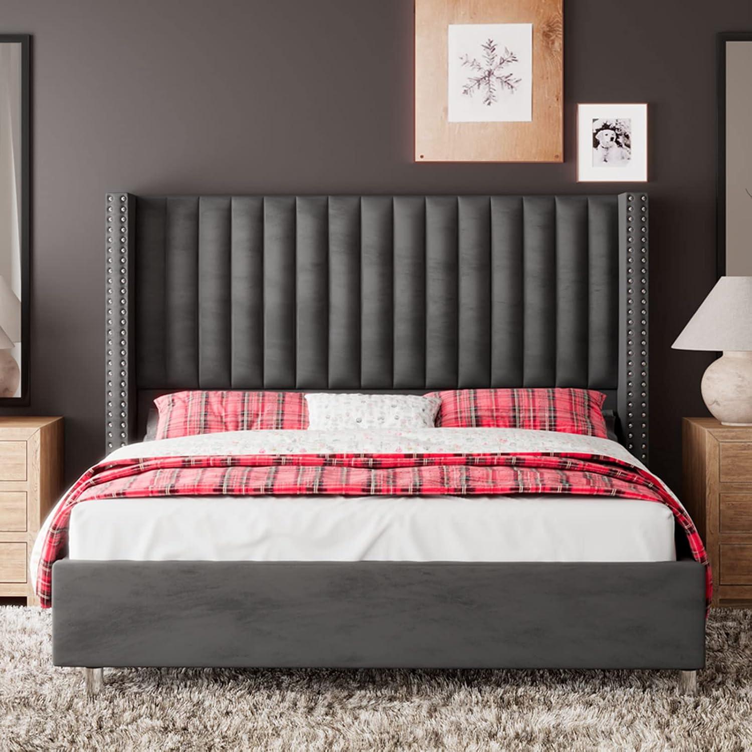 King Dark Gray Velvet Tufted Upholstered Platform Bed with Nailhead Trim