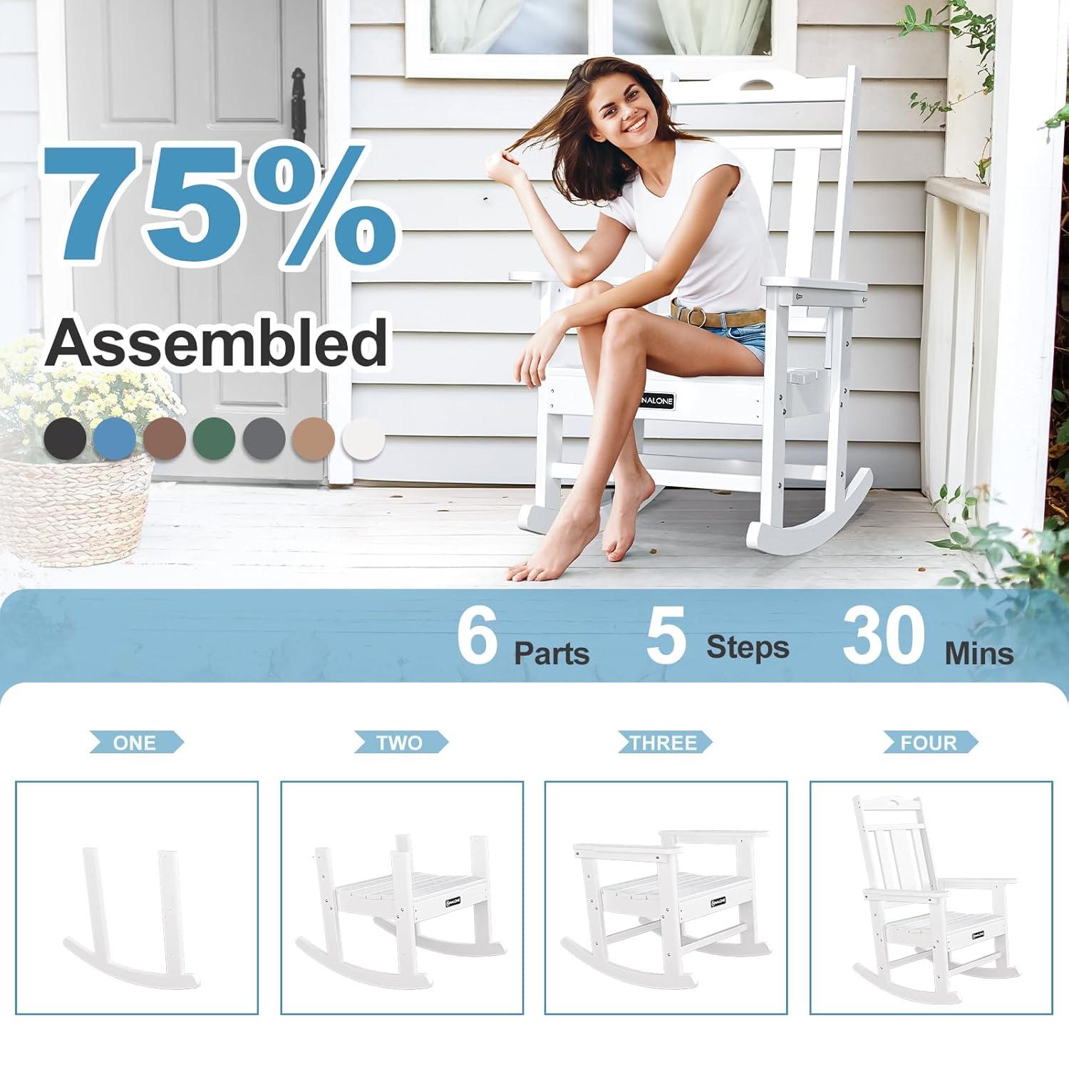 nalone Outdoor Rocking Chairs Set of 2, Oversized Porch Rocker Chair for Adult, All-Weather Resistant Patio Rocking Chair for Garden Lawn(White)