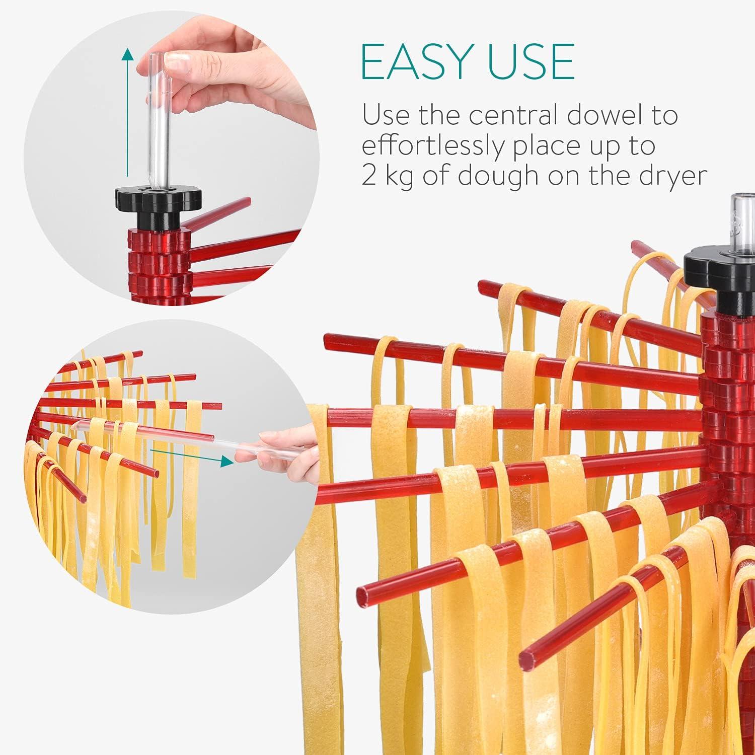 Navaris Collapsible Pasta Drying Rack - Tall Compact Spaghetti Noodle Stand with 16 Plastic Rods - Fresh Pasta Making Accessories - up to 2 kg (4.5 lbs) - Red