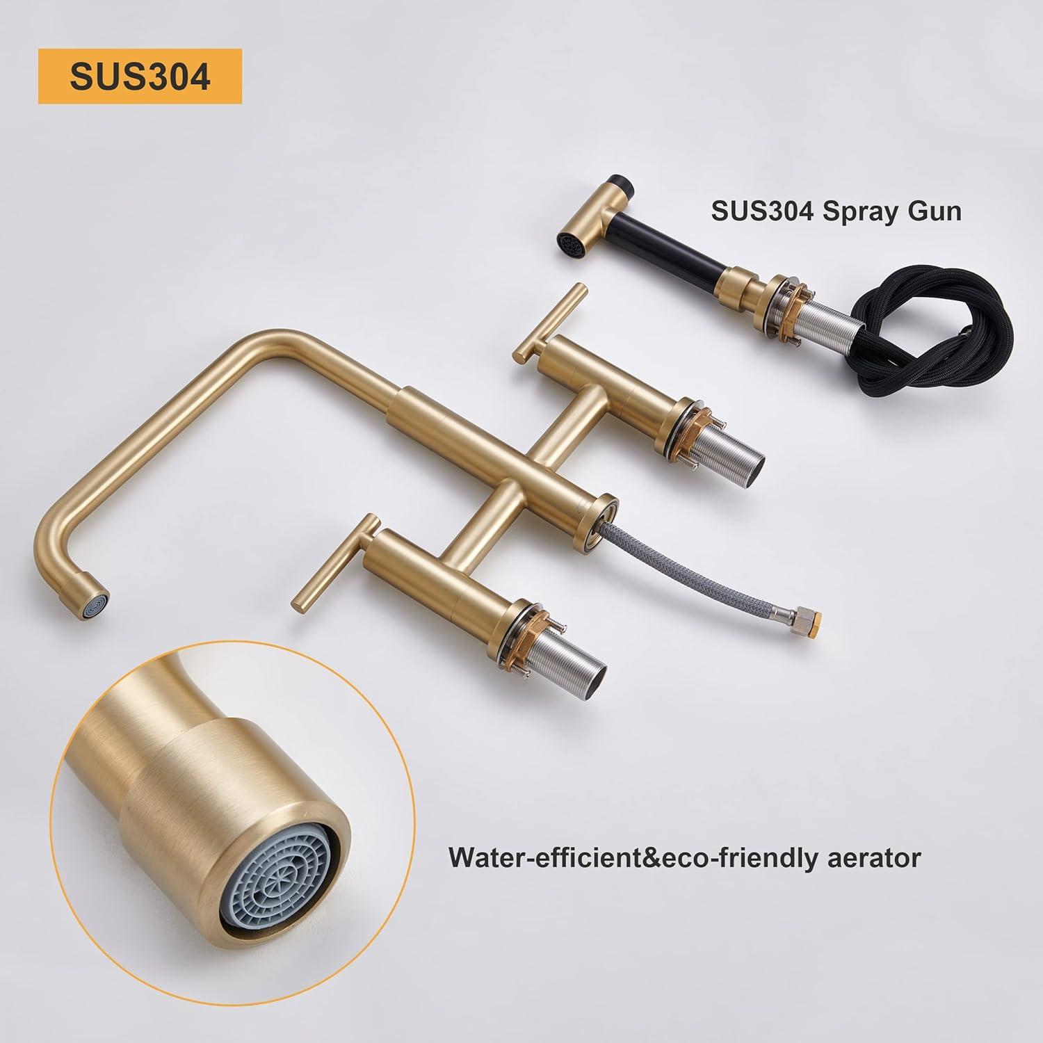 Double Handle Bridge Kitchen Faucet in Brushed Gold, with Put Out Side Sprayer