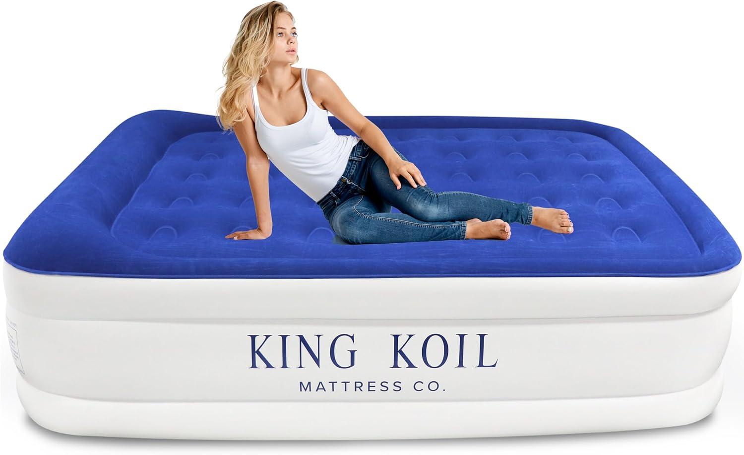 King Koil 16" White and Blue Raised Air Mattress with Built-in Pump