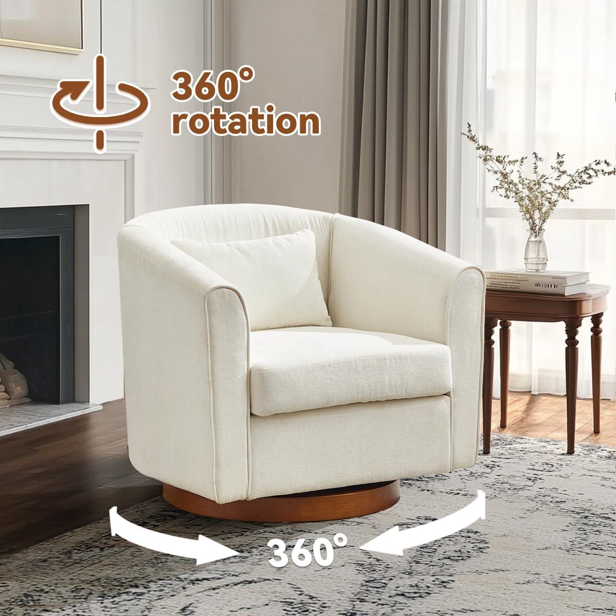 360° Swivel Accent Chair, Chenille Upholstered Armchair Barrel Chair with One Waist Pillow and Wood Base, Comfy Reading Chair for Living Room Bedroom