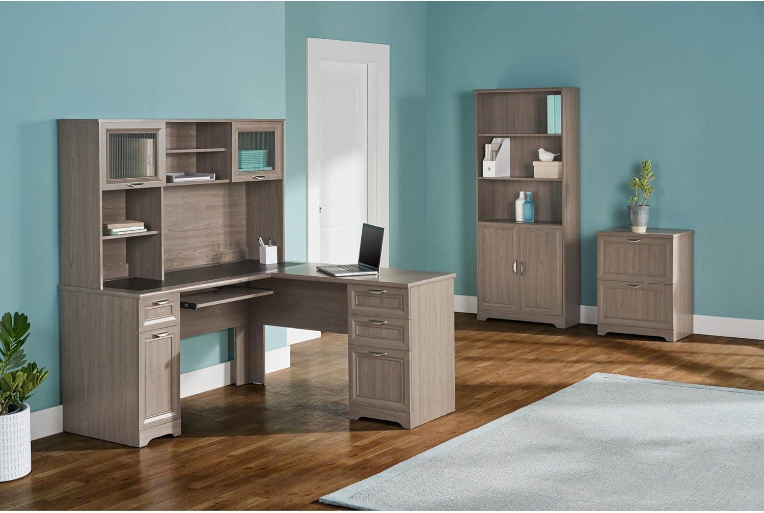 Modern Gray L-Shaped Corner Computer Desk with Keyboard Tray and Drawers