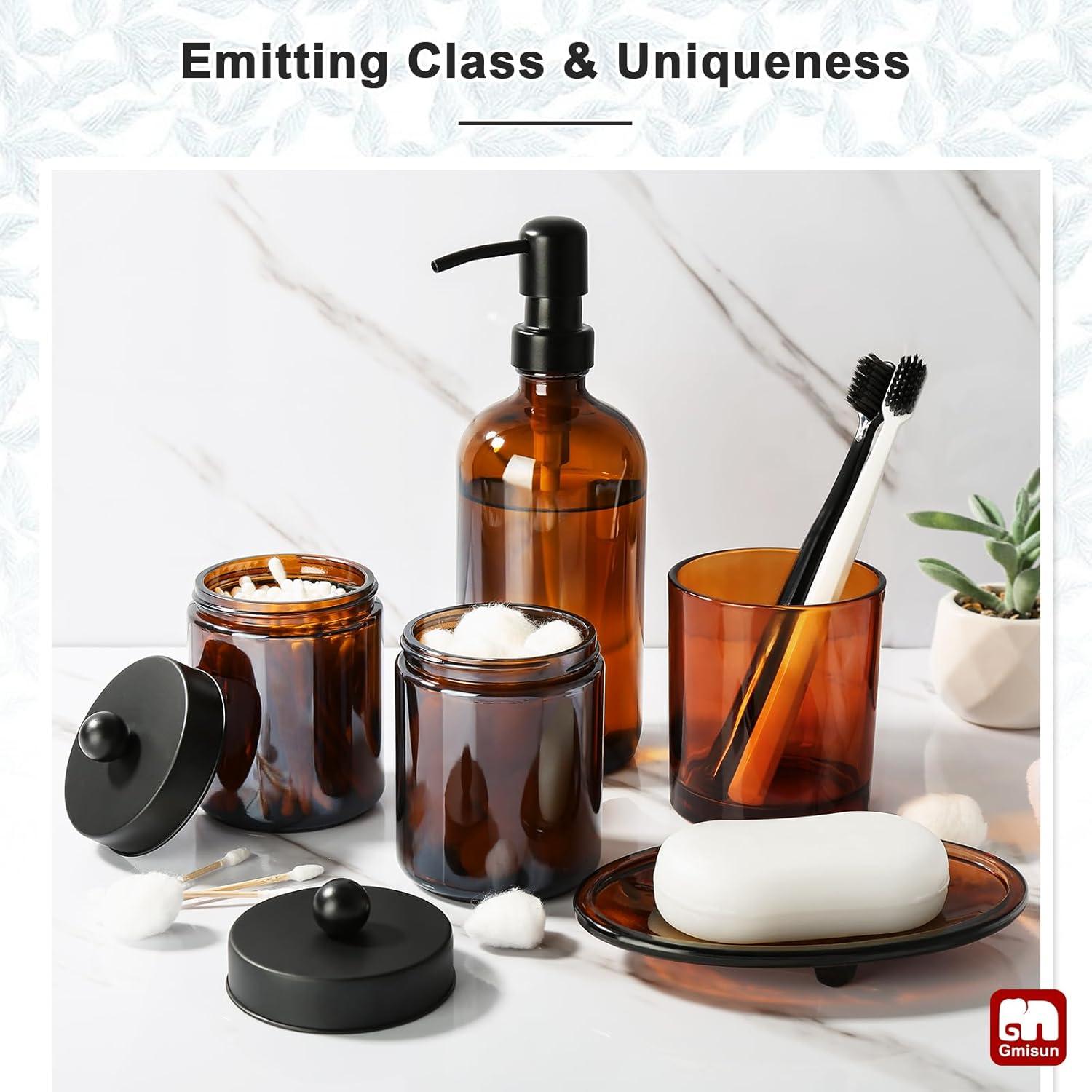 GMISUN Bathroom Accessories Set, 5 Pack Amber Glass Bath Accessory Sets Complete, Brown Soap Dispenser and Toothbrush Holder Bathroom Counter Sink Set with Labels, Rustic Modern Vintage Bathroom Decor