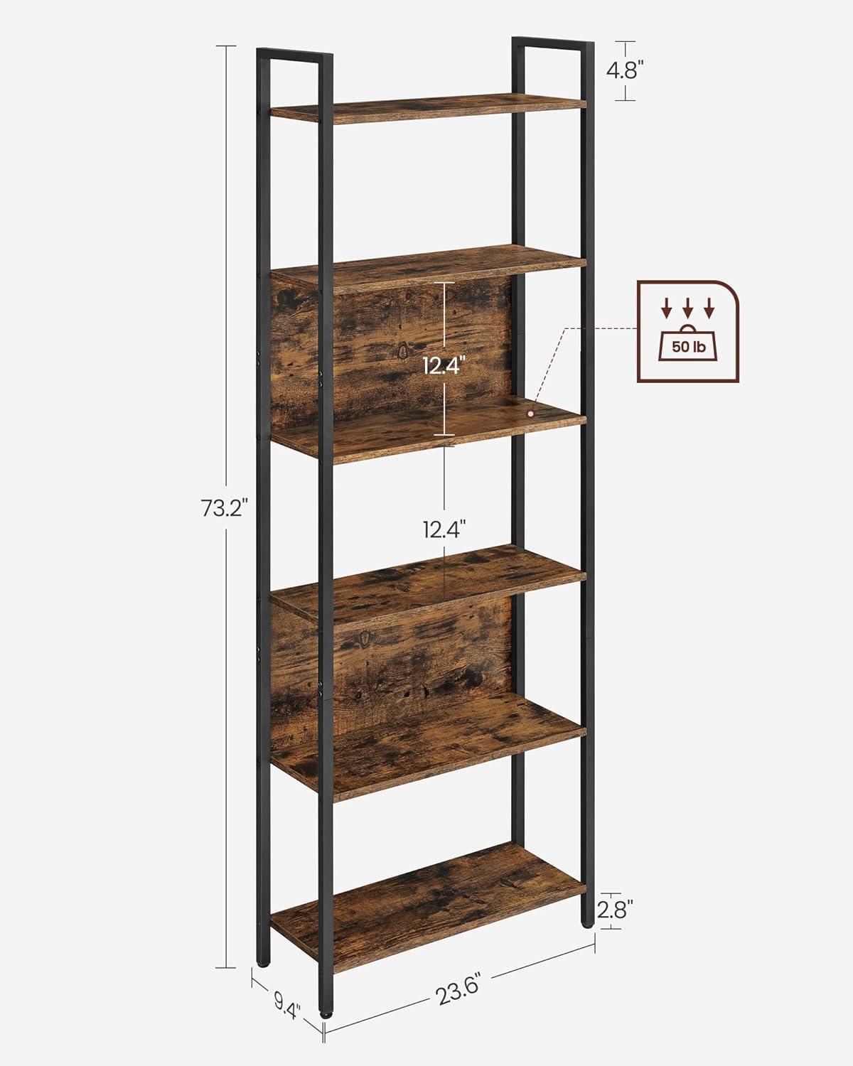 Industrial Black and Rustic Brown 6-Tier Bookshelf