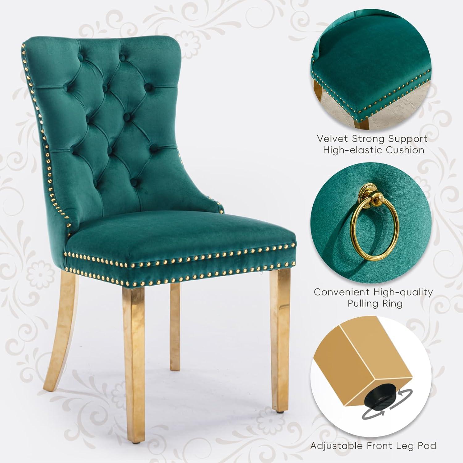 ODUSE-DAILY Green Velvet Dining Chairs Set of 4, Kitchen & Dining Room Chairs, Nailheads Tufted, Sillas De Comedor, Fabric Upholstered, Golden Metal Legs (Green, 4 Pcs)