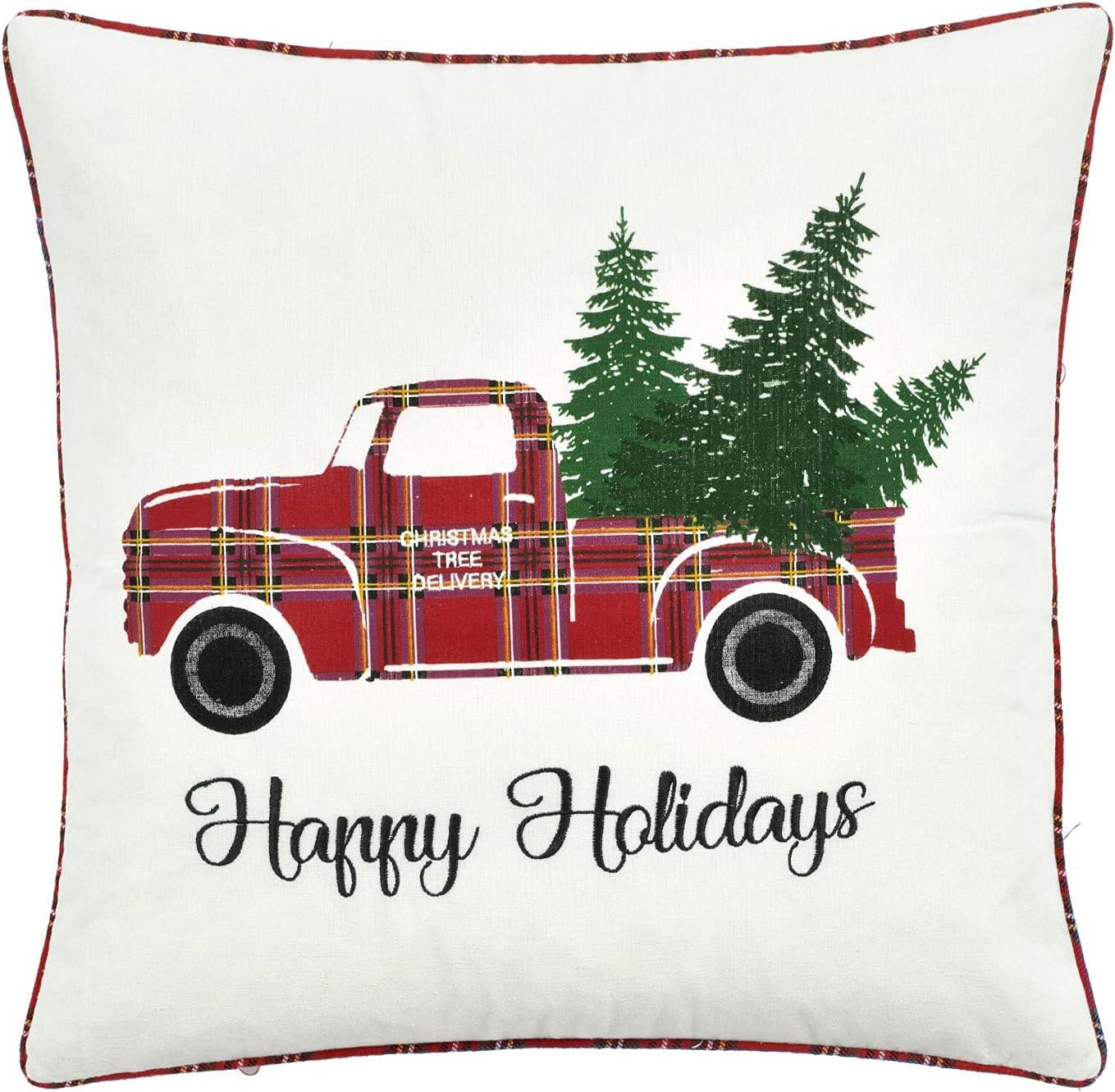 Lush Decor Lush Décor Cotton Blend, Holiday Truck Plaid Embroidery Script Decorative Pillow Cover Red Single 20 in x 20 in