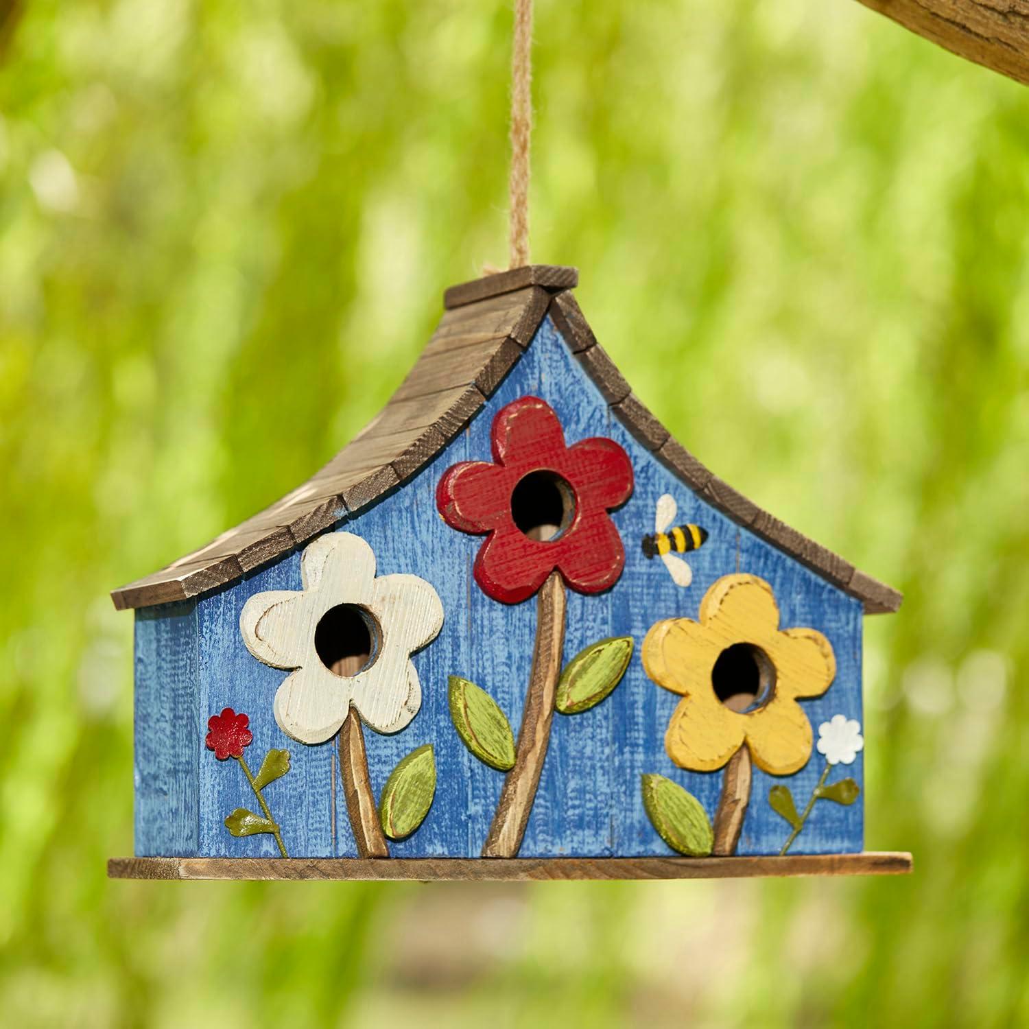 Oversized Blue Wooden Birdhouse with 3D Flowers