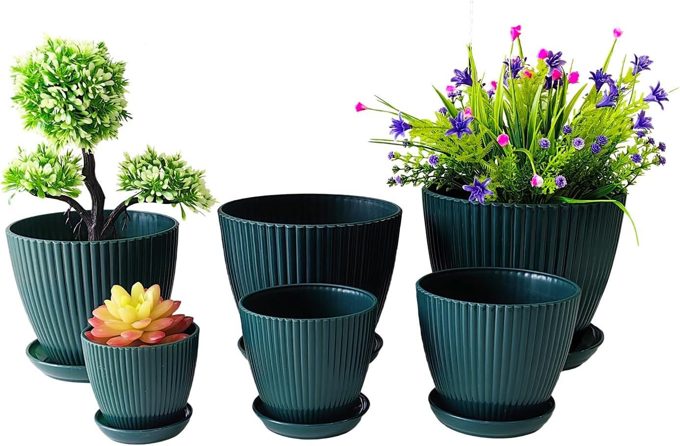 Dark Blue Ribbed Plastic Planter Set with Saucers - 6 Pieces