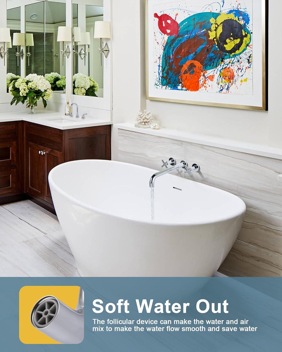 Wall Mount Tub Filler ARCORA Chrome Bathtub Faucet Long Spout Reach, 2 Cross Handles Wall Mounted Tub Faucet with Brass Rough in Valve Included