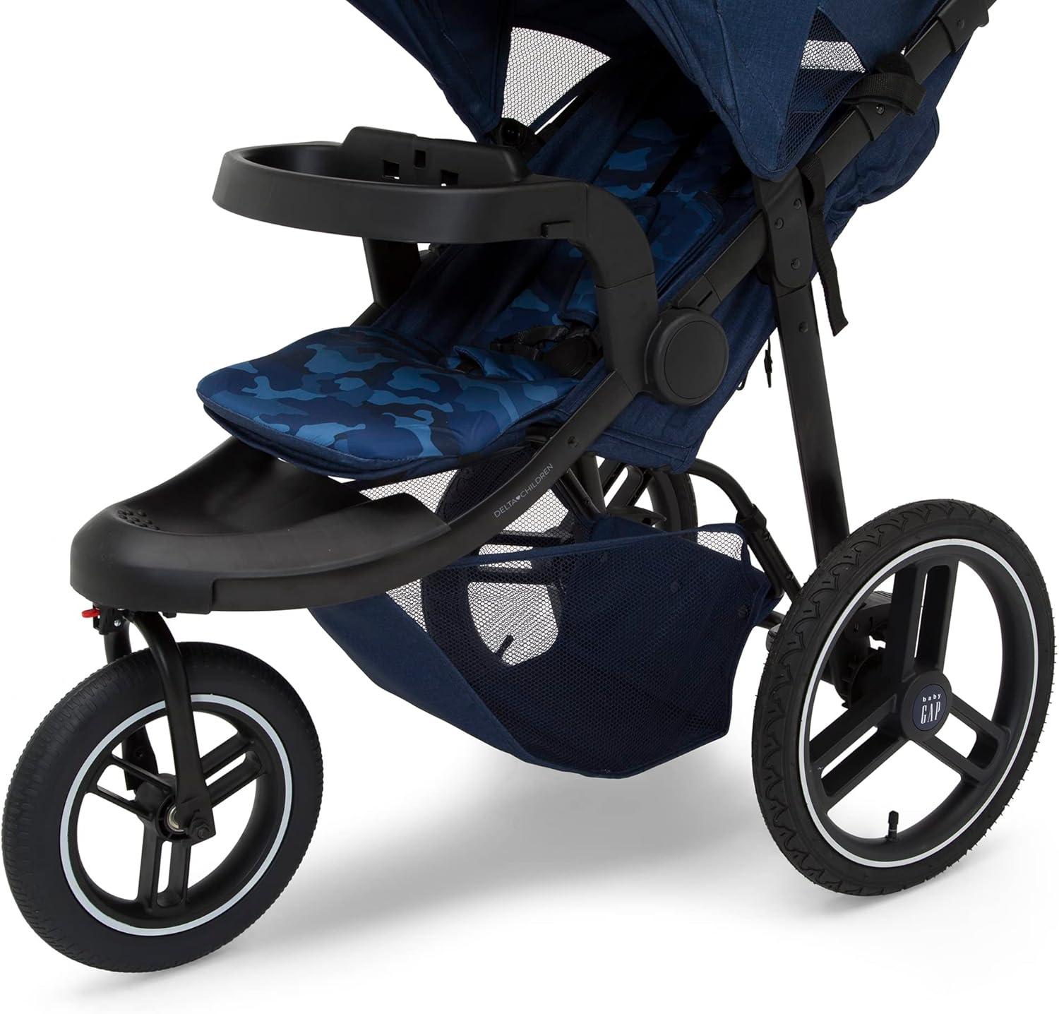 babyGap Trek Jogging Stroller - Lightweight Jogging Stoller with Extendable Canopy & Reclining Seat - Includes Car Seat Adapter - Made with Sustainable Materials, Navy Camo