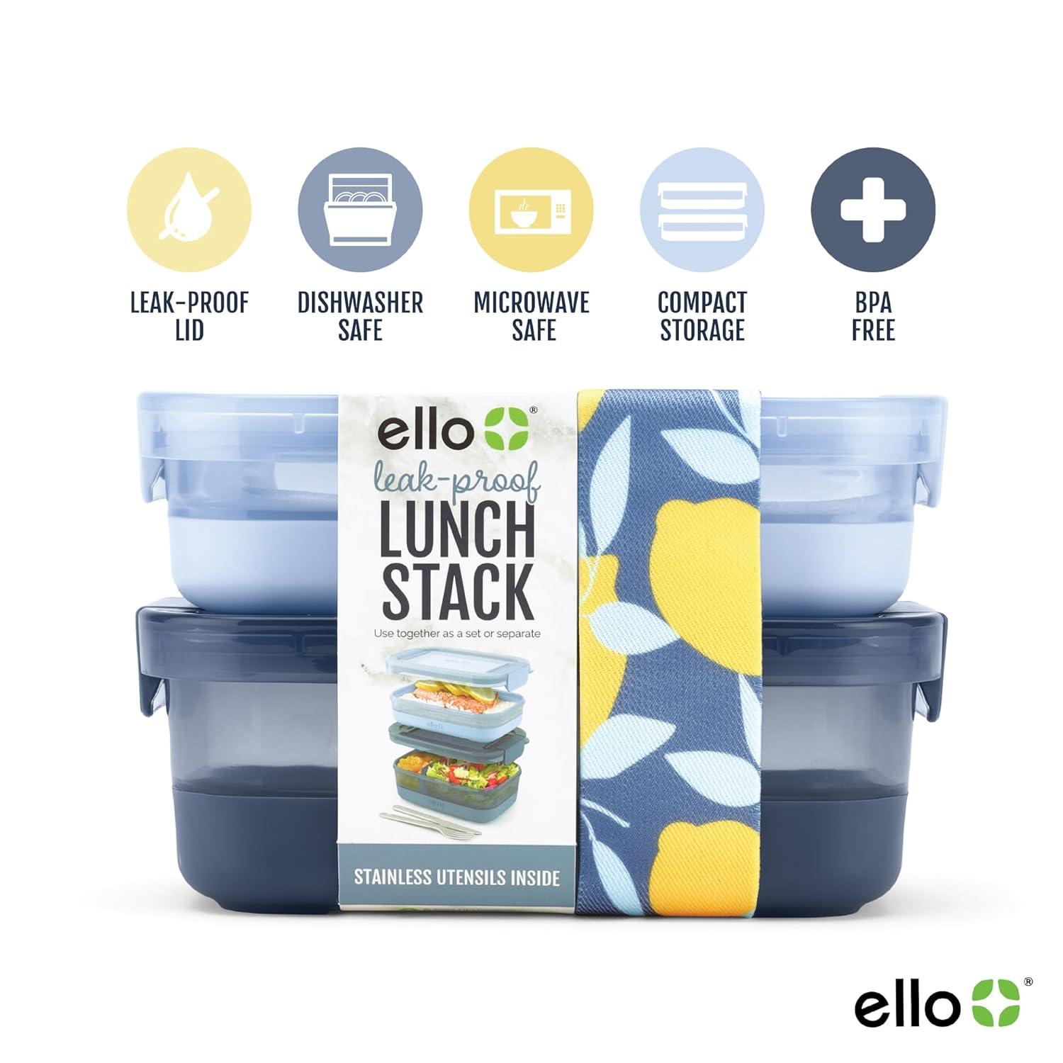Ello 2pk Plastic Lunch Stack Food Storage Container Blue: Freezer, Dishwasher & Microwave Safe, Includes Utensils & Strap