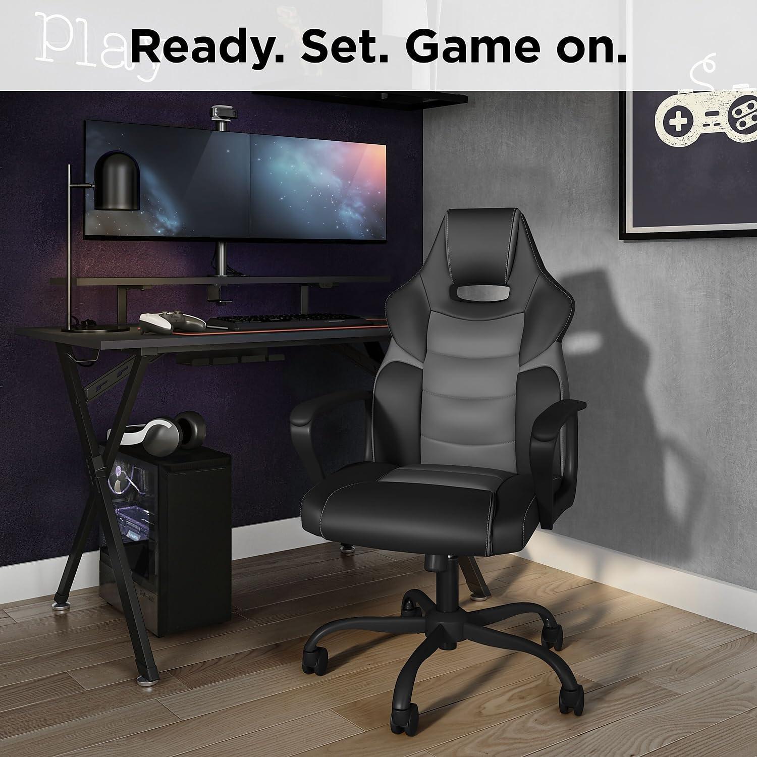 WorkLife Brands Emerge Vector Gaming Chair with Fixed Arms, Black and Gray Faux Leather
