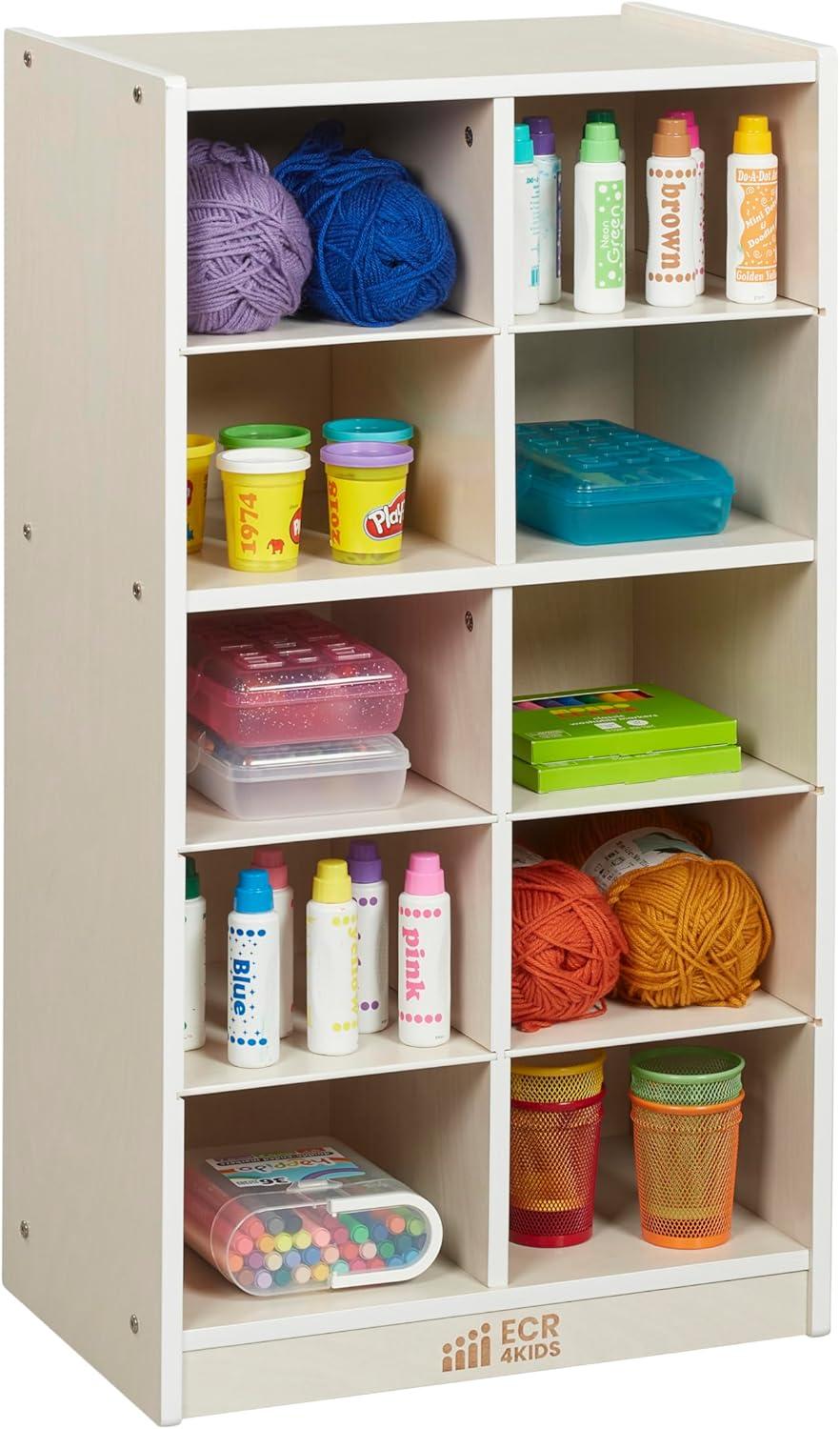 ECR4Kids 10 Cubby Mobile Tray Storage Cabinet, 5x2, White Wash