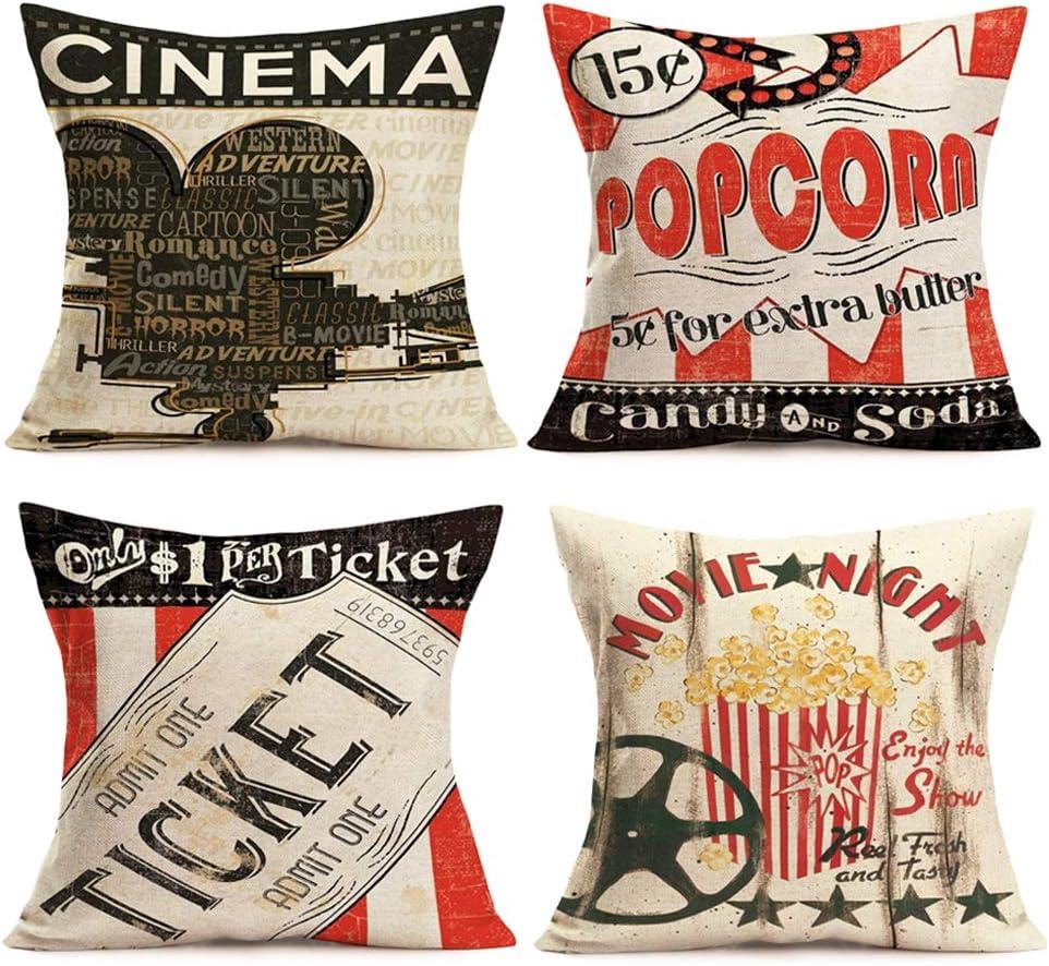 Smilyard Movie Theater Cinema Throw Pillow Covers Vintage Cinema Ticket with Popcorn Throw Pillow Case 18x18 Inch Cotton Linen Personalized Home Decor Cushion Cover for Sofa Set of 4 (Cinema Set)