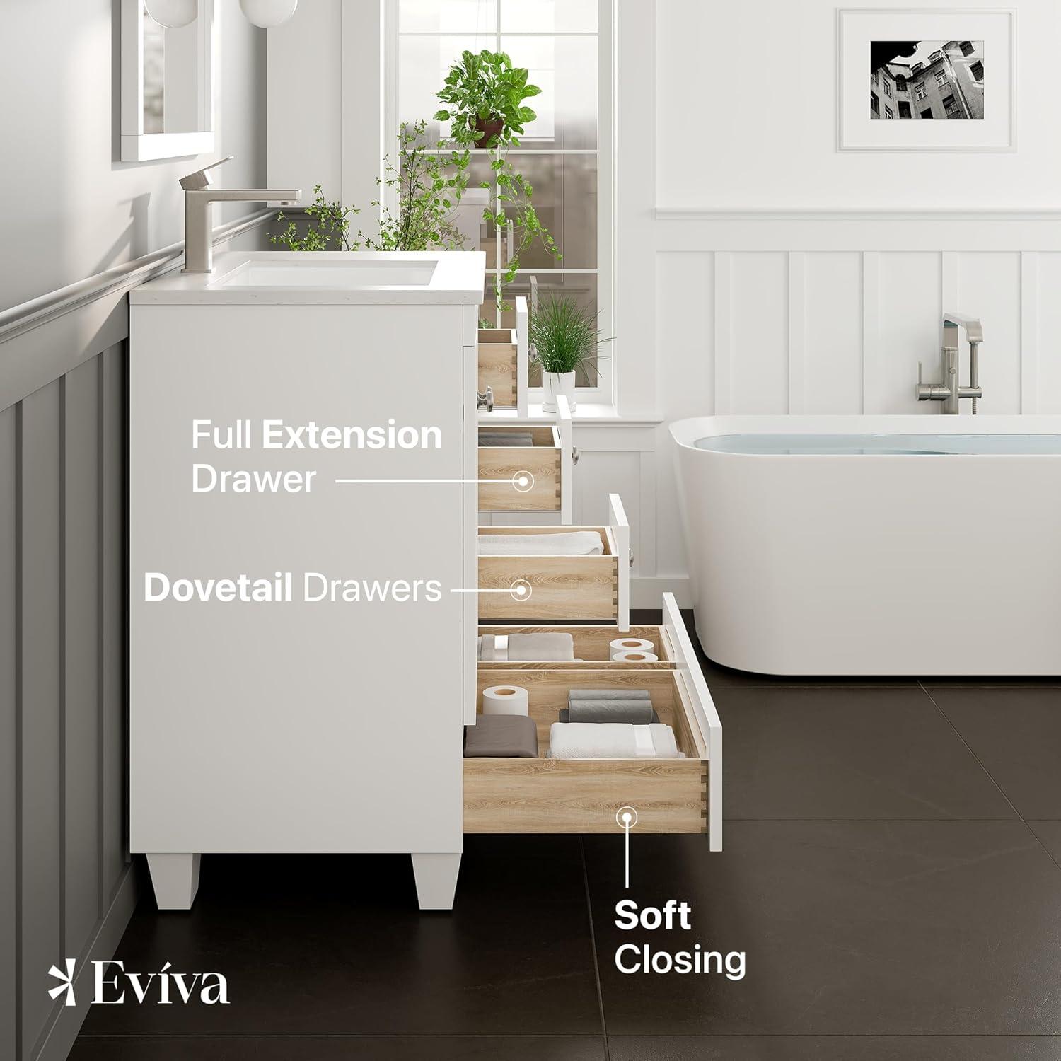 Eviva Happy 28"W x 18"D White Bathroom Vanity with White Carrara Quartz Vanity Top and Rectangular Undermount Sink