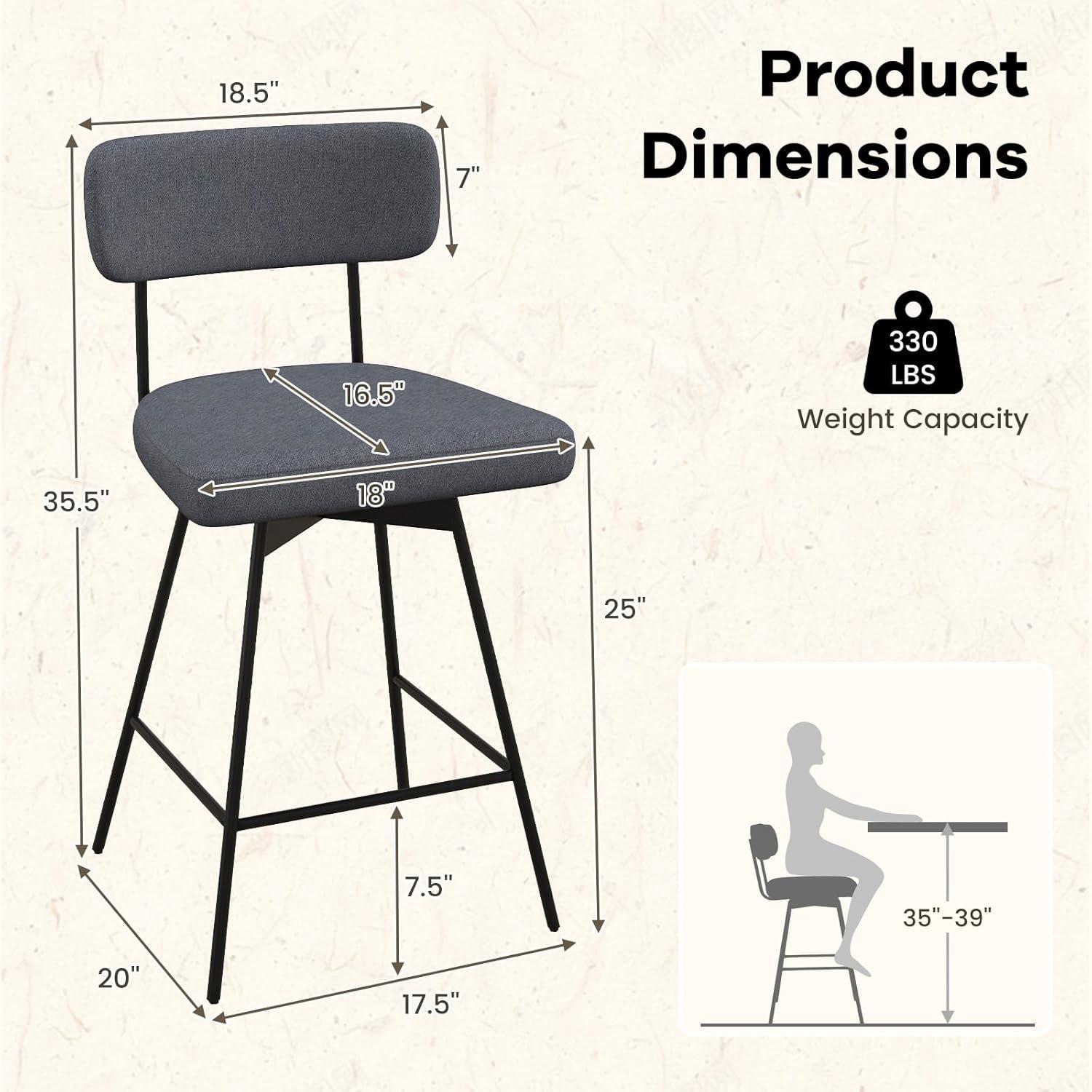 Kadyn Bar Stools, Barstools, Counter Stools, Island Stools, Bar Chairs,25 Inch 2-Piece Modern Upholstered Bar Stools with Back and Footrests-Gray