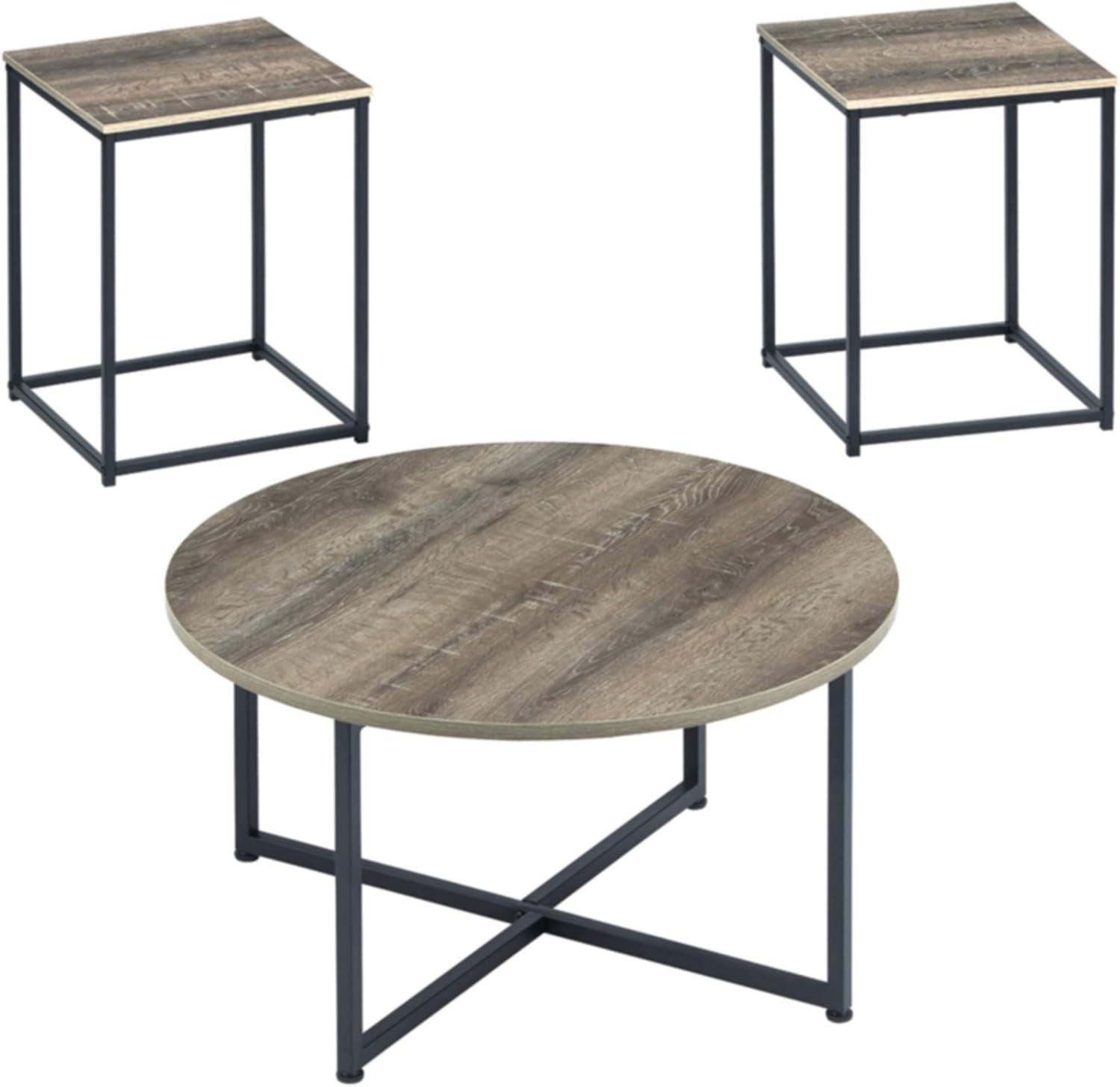 Modern Black and Brown Round Occasional Table Set with Metal Legs