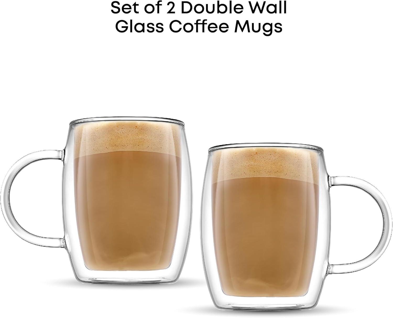 JoyJolt Aroma Double Walled Insulated Glasses - Set of 2 Double Wall Coffee Tea Glass Mugs - 13.5 oz