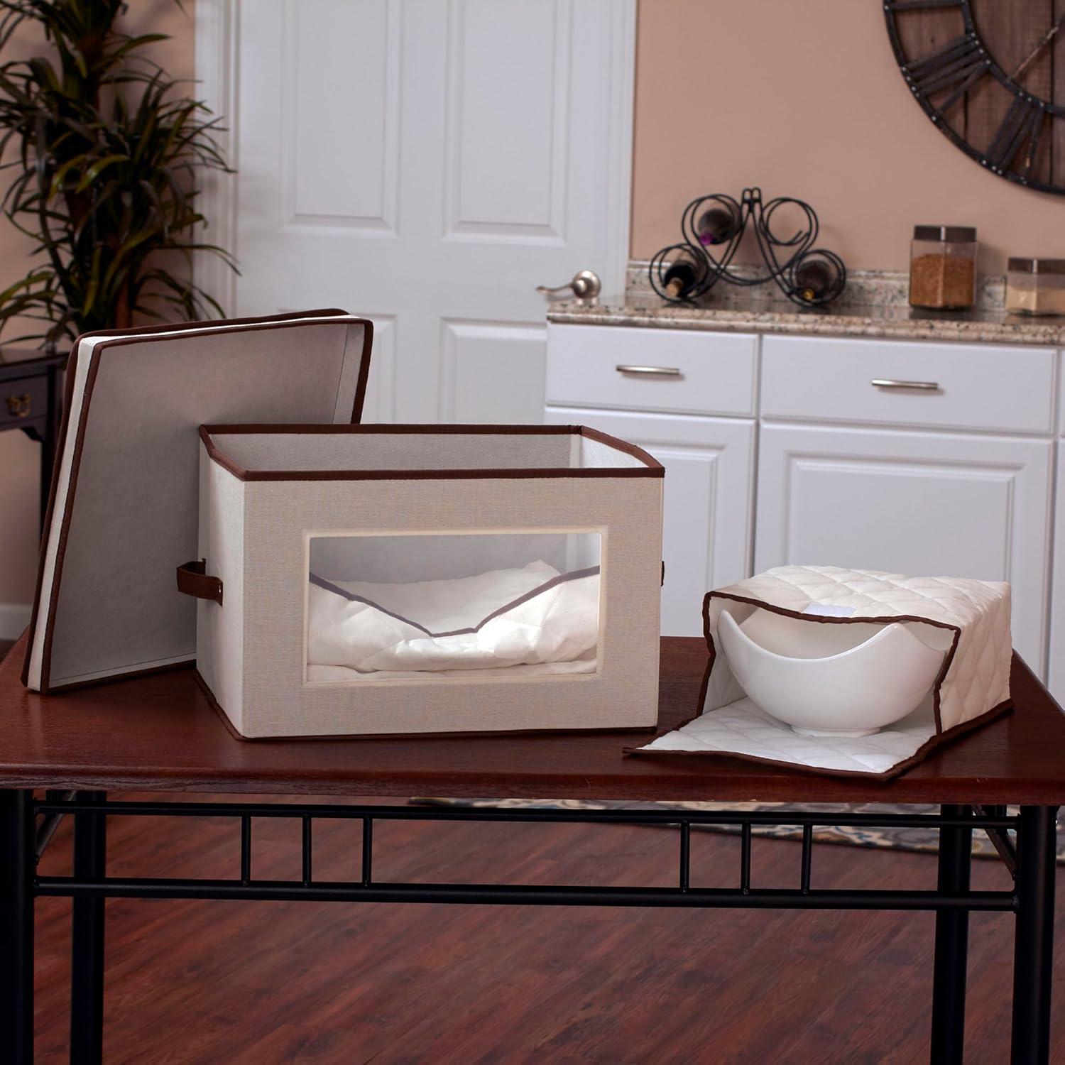 Large Serveware Storage Box, Polyester Canvas with Fiberboard Sides, 3 Protective Pouches, Fully Removable Lid, Natural with Brown Trim