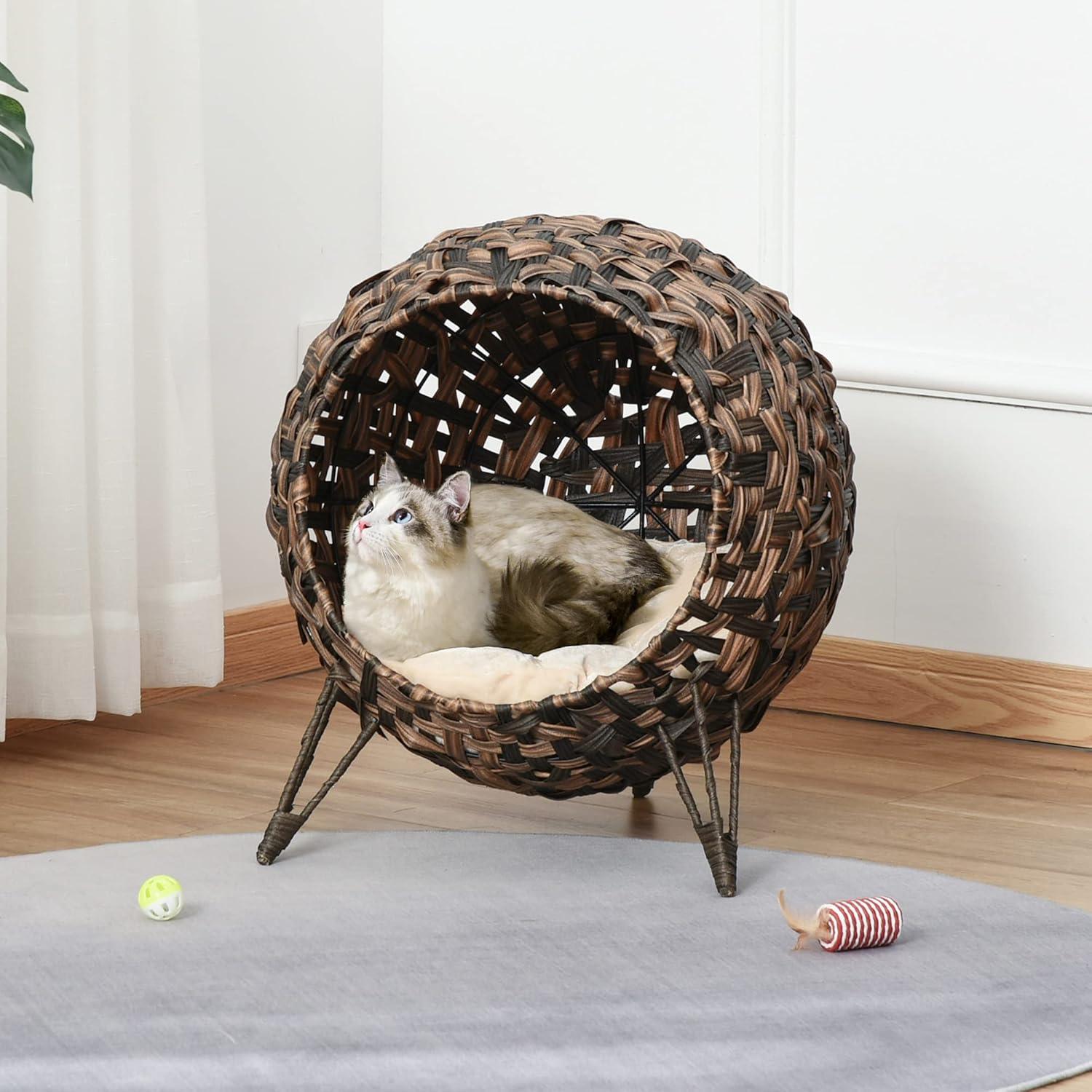 Hand-Woven Brown Rattan Elevated Cat Bed with Cushion