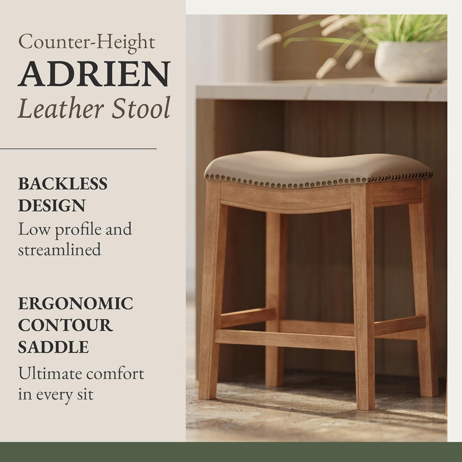 Maven Lane Adrien Saddle Kitchen Counter Stool in Weathered Oak w/ Avanti Bone Vegan Leather
