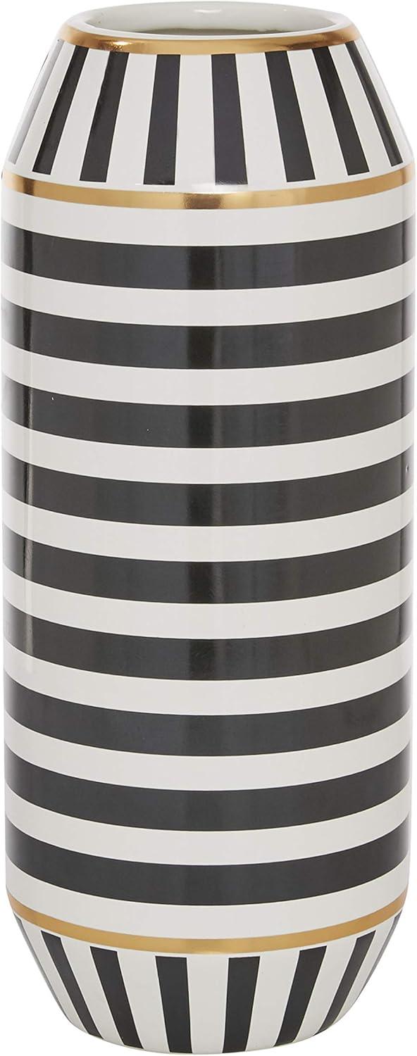 DecMode 16" Striped Black Ceramic Vase with Gold Accents