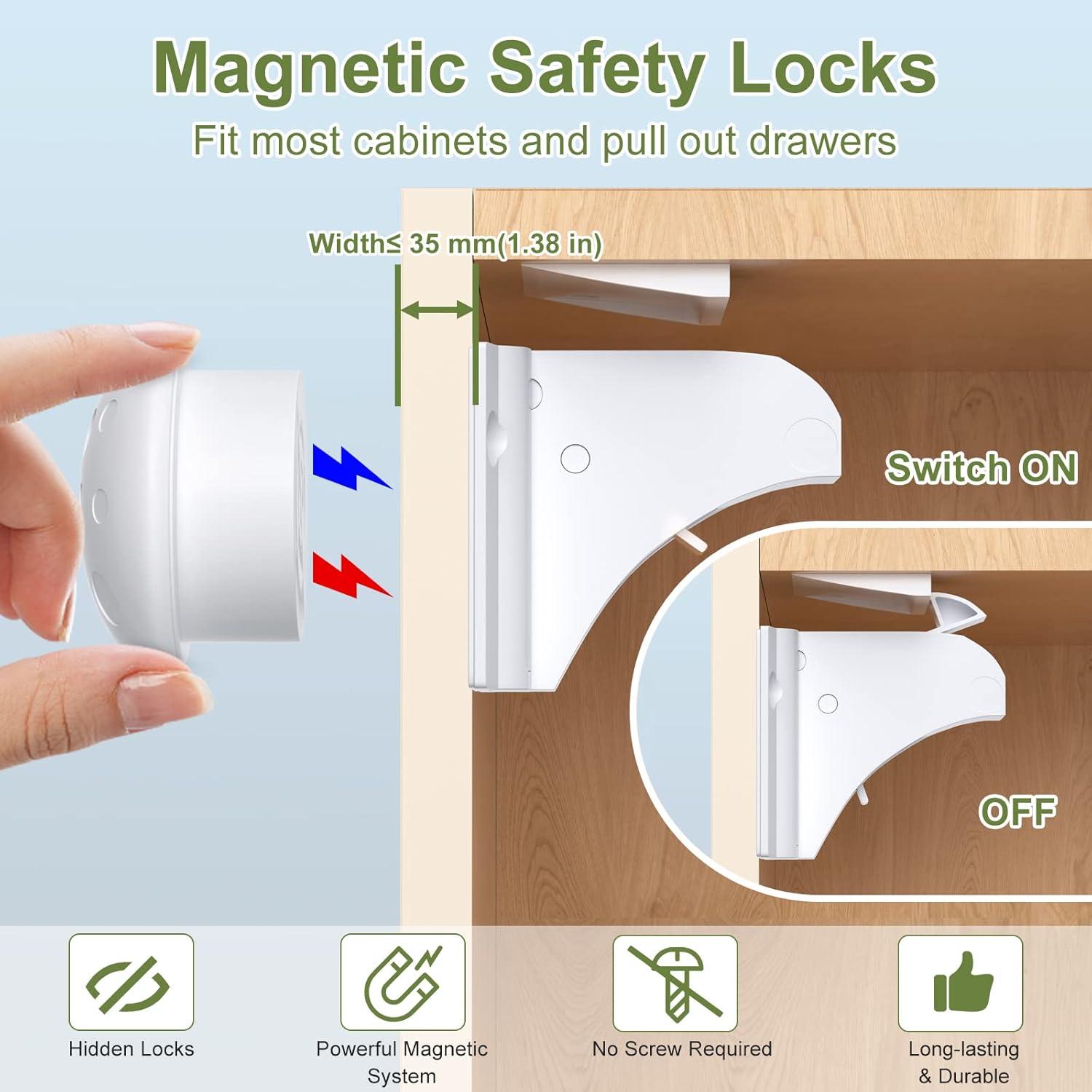 4 Pack Child Safety Magnetic Cabinet Locks -Baby Proofing Magnetic Drawer Locks for Kitchen with Adhesive No Drilling or Screws Fixed, Baby Safety Cabinet Locks