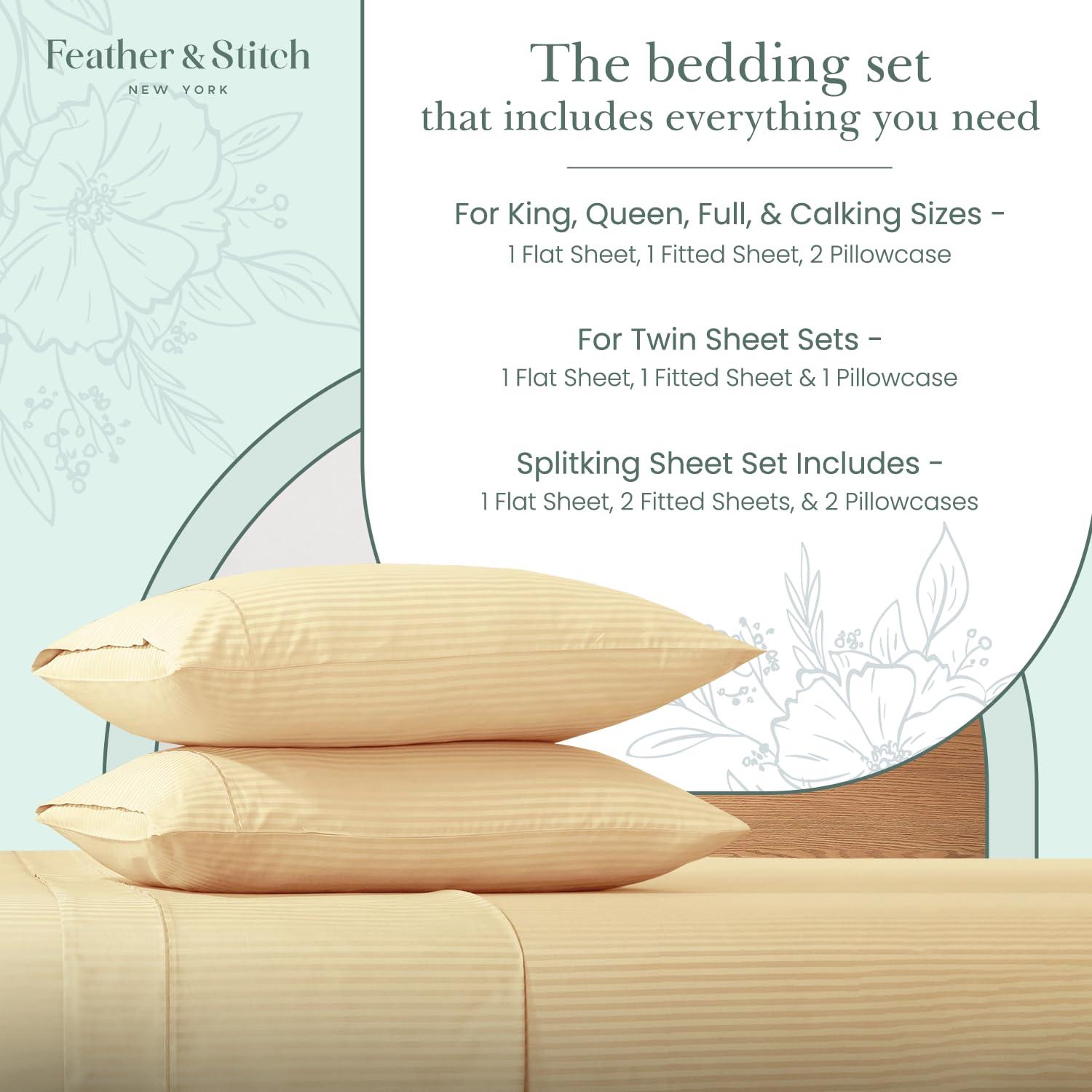 Feather & Stitch 500 TC Split King Size Sheet Set, 5 Piece Bed Sheets Set-2 Twin Fitted Sheet, 1 King Flat Sheet & 2 King Pillowcases, 18" Deep Pockets Sateen Weave Striped Bedsheet - (Semolina)