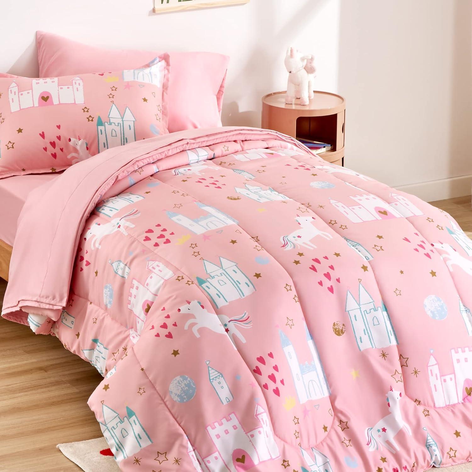 Full Pink Microfiber Kids Unicorn Castle Comforter Set