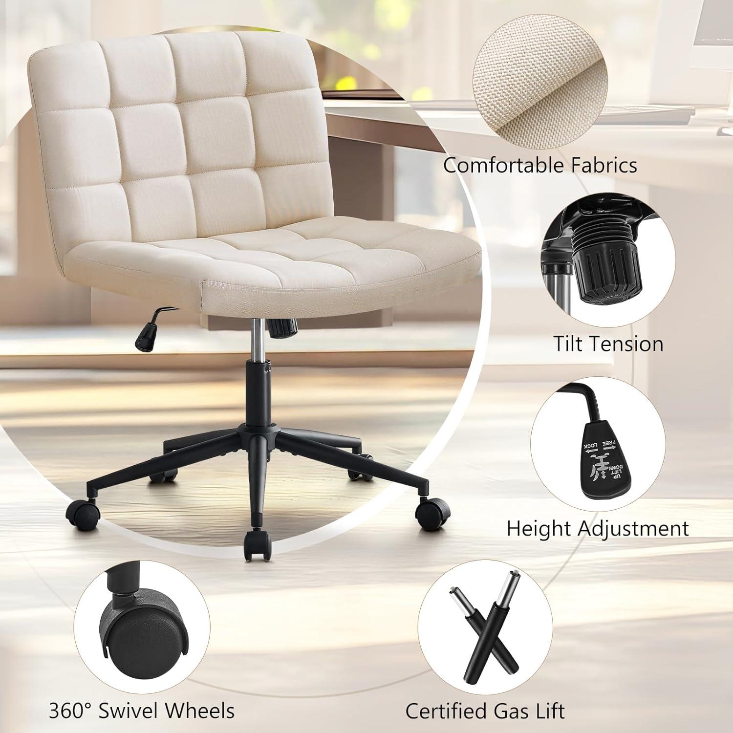 Furniliving Modern Armless Office Desk Chair, Velvet Cute Vanity Chair with Lumbar Support, 360° Swivel Office Chair for Bedroom, Office, Pink