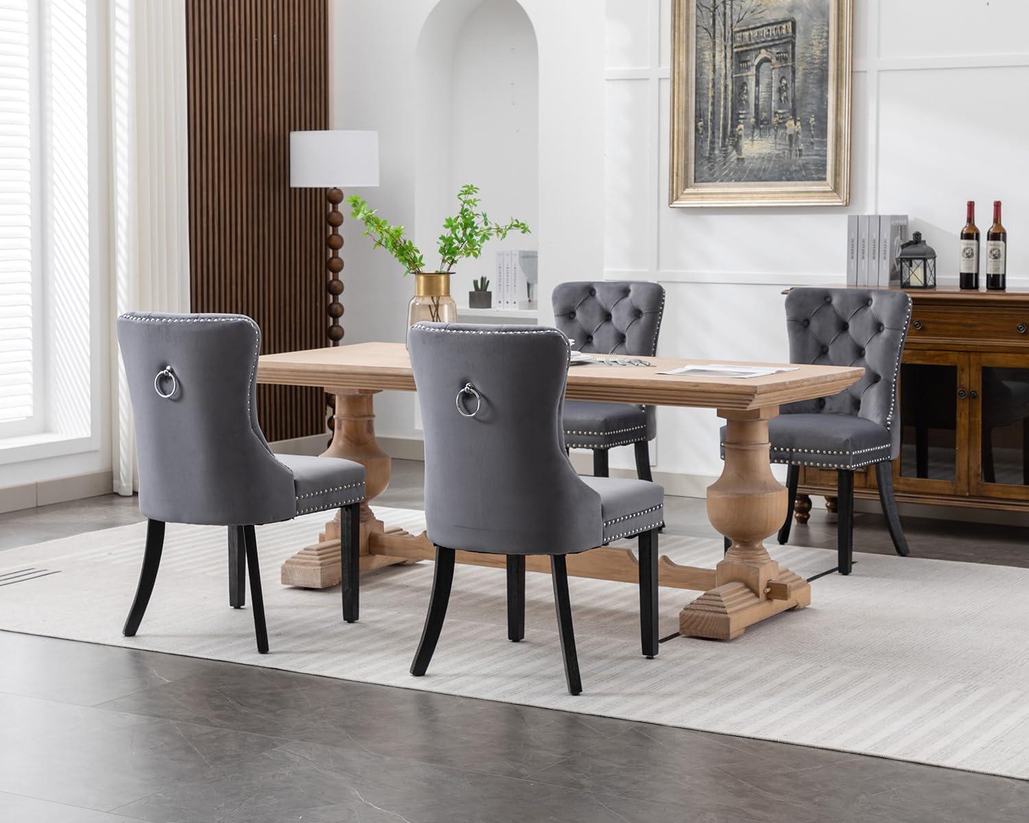 ODUSE-DAILY Grey Velvet Dining Chairs Set of 4, Kitchen & Dining Room Chairs, Tufted Dining Chairs, Fabric Upholstered, Solid Wood, Sillas De Comedor (Gray, 4 Pcs)