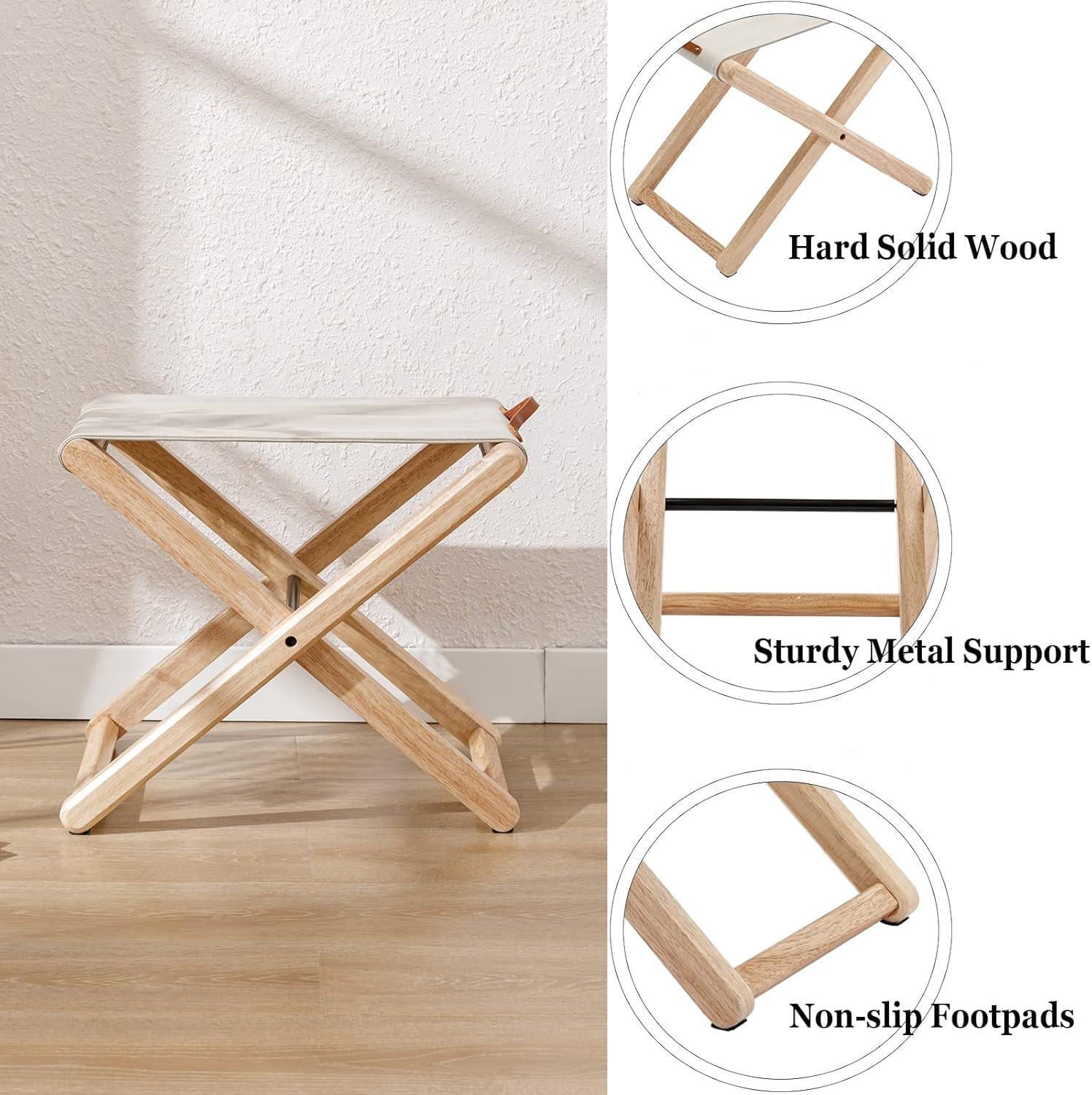 Folding Chairs Patio Stool for Camping Solid Wood Teak and Fabric (Set of 2)