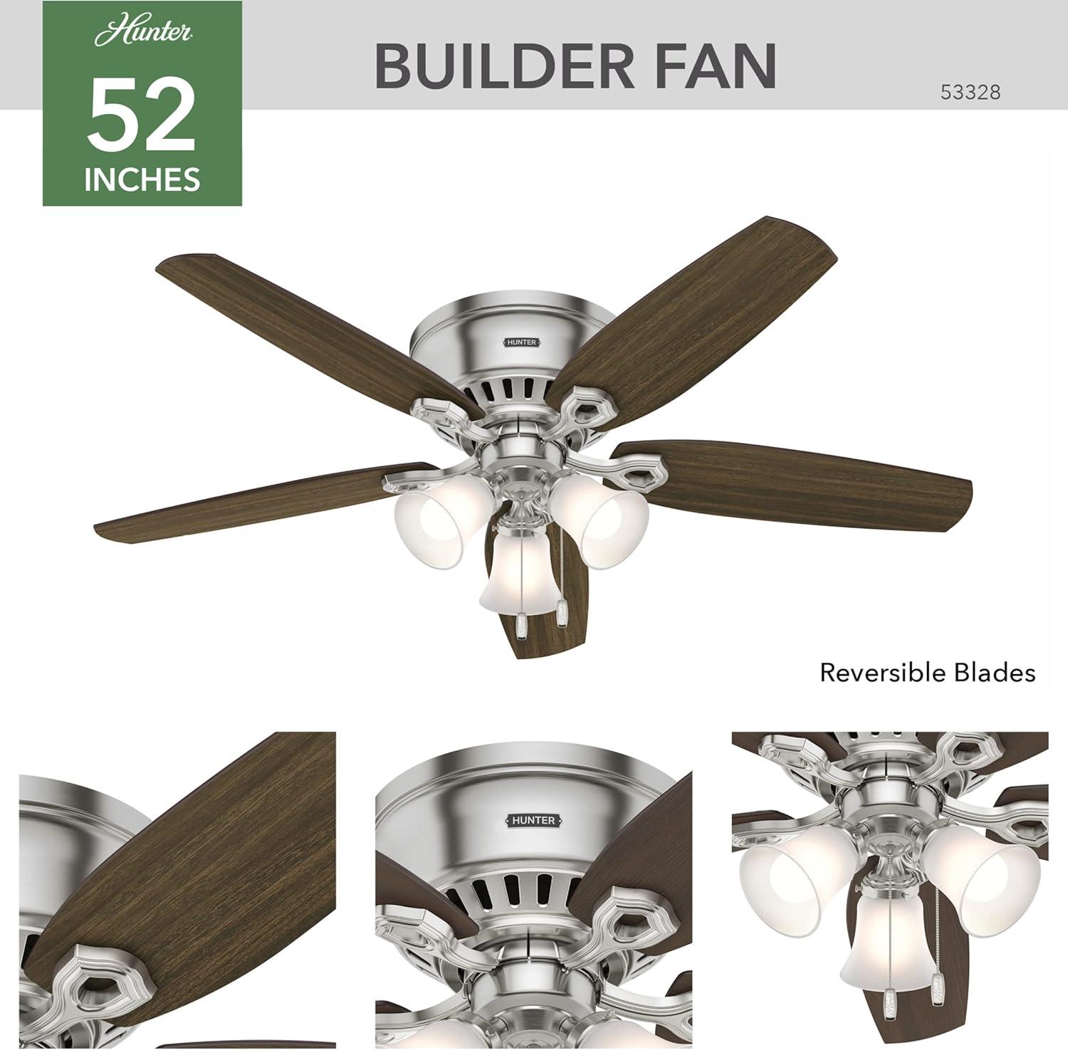 52" Builder Low Profile 5 - Blade Flush Mount Ceiling Fan with Pull Chain and Light Kit Included